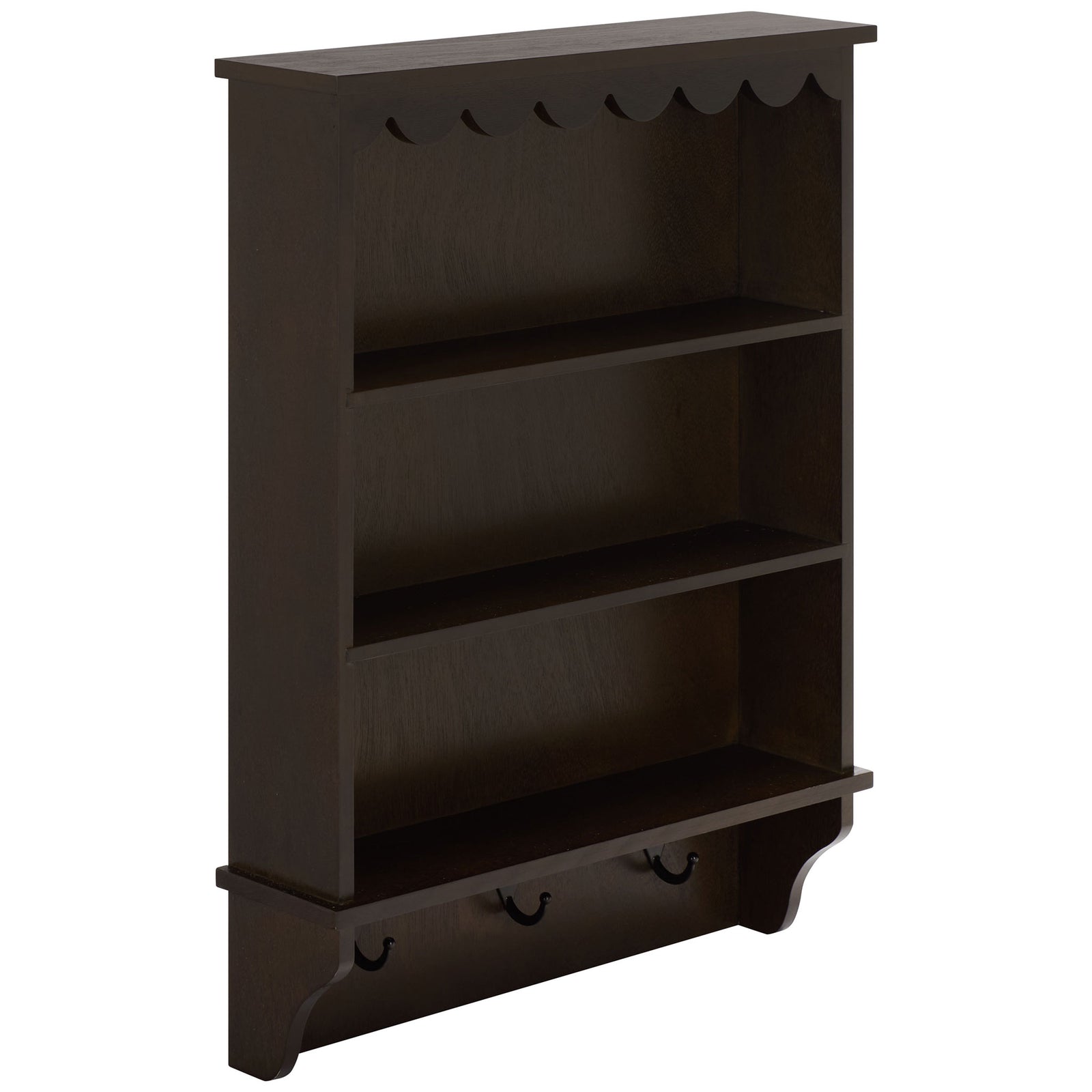 A dark chocolate finish warms the wood rack's slim shelves and black metal hooks || STG5702F || front_angle_studio