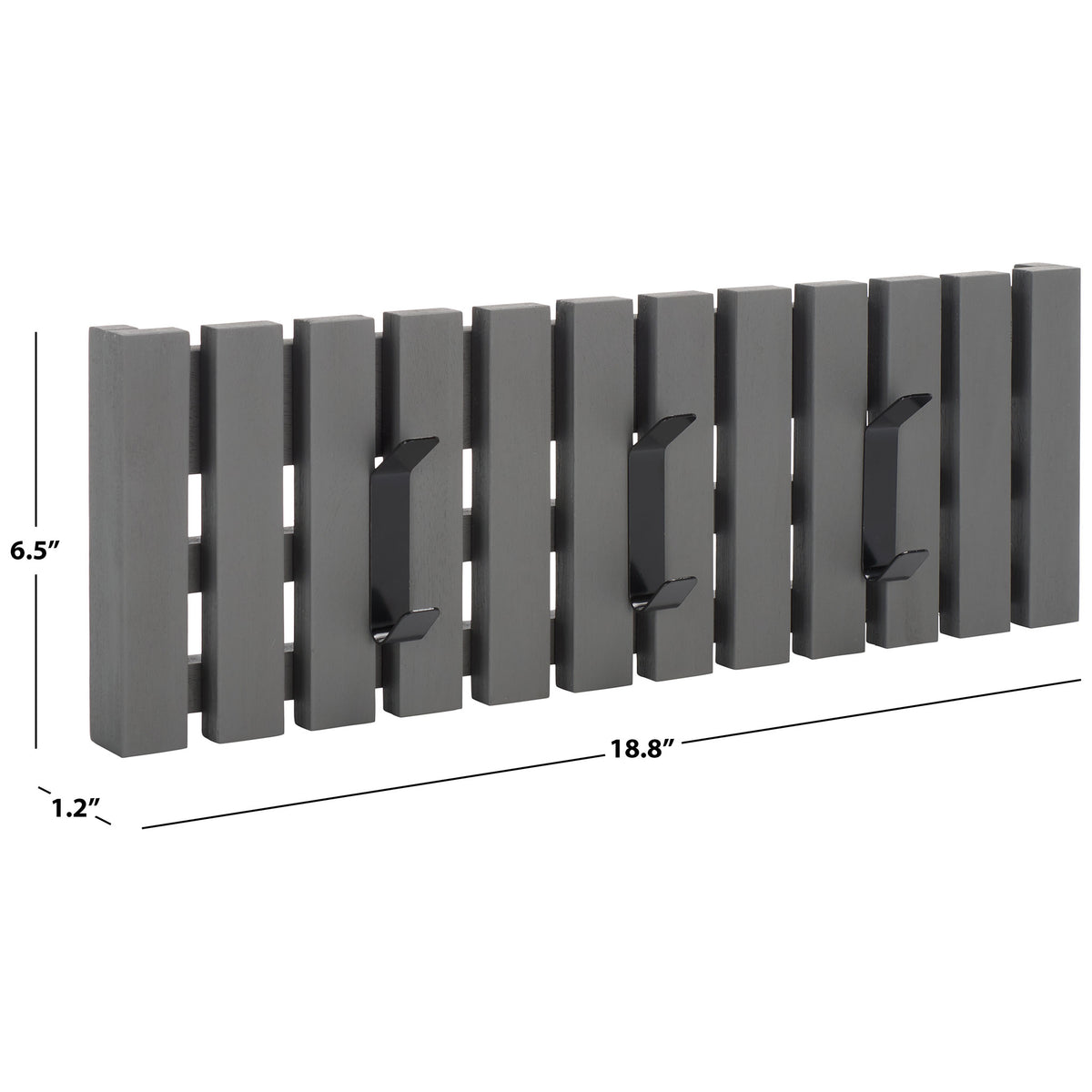 At 18.8 inches wide, 6.5 inches high and 1.2 inches deep, this gray rack keeps wall storage slim.