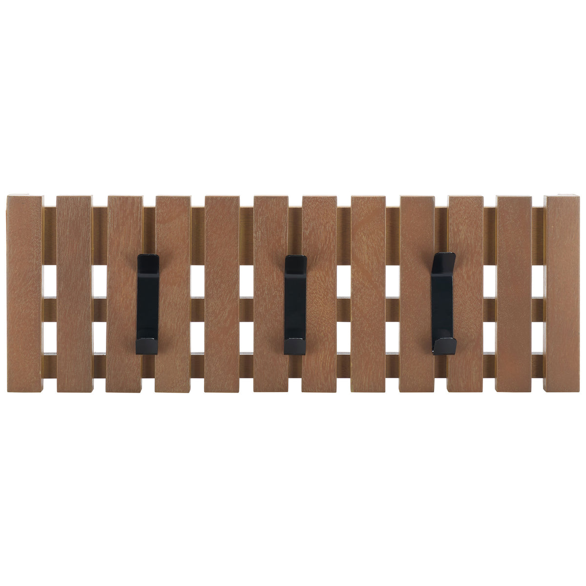 Three spaced black metal hooks sit on a sepia-toned slatted wood rack for organized entryways. || STG5704B || front_studio