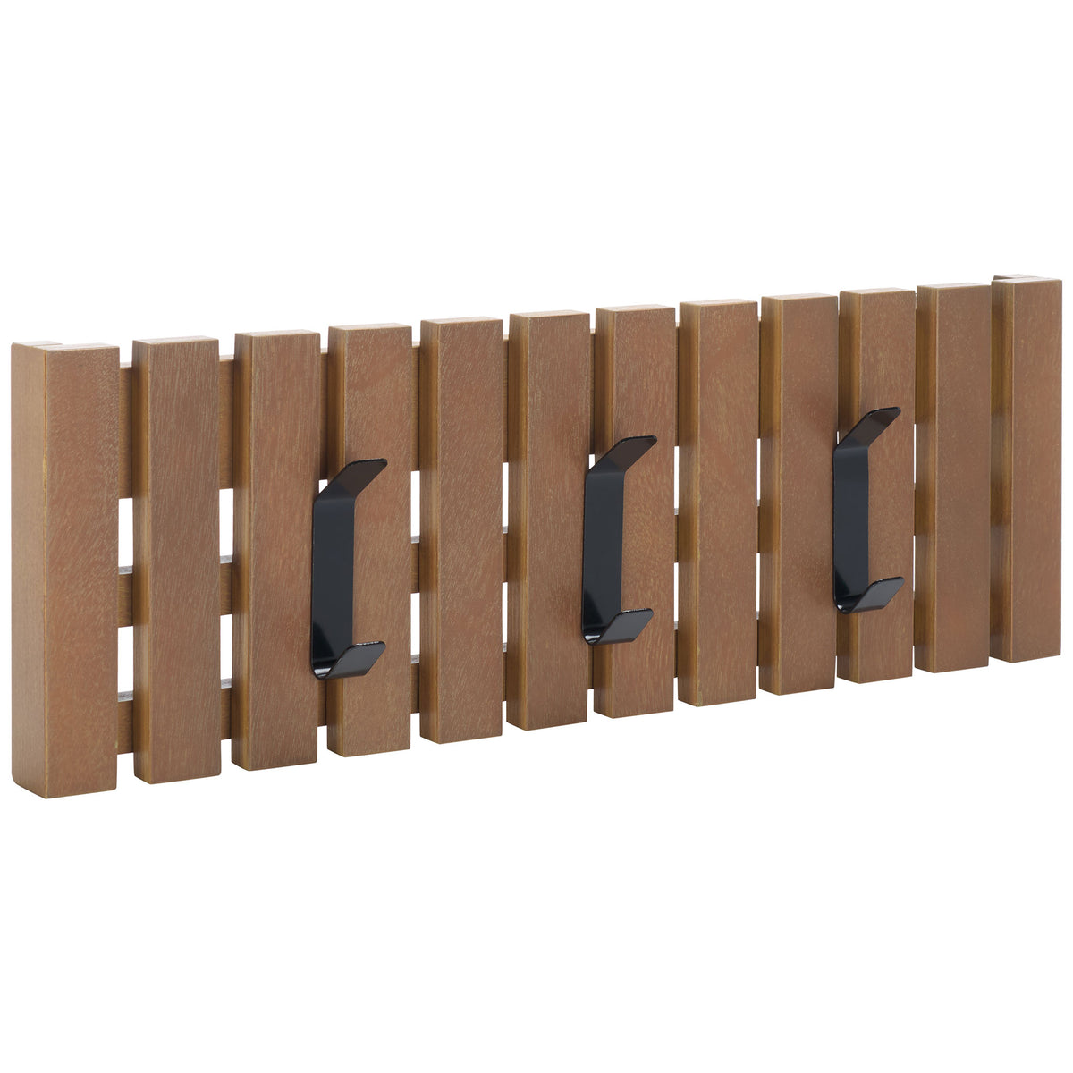 Warm sepia slats and three sturdy double hooks bring a natural look to practical wall storage. || STG5704B || front_angle_studio