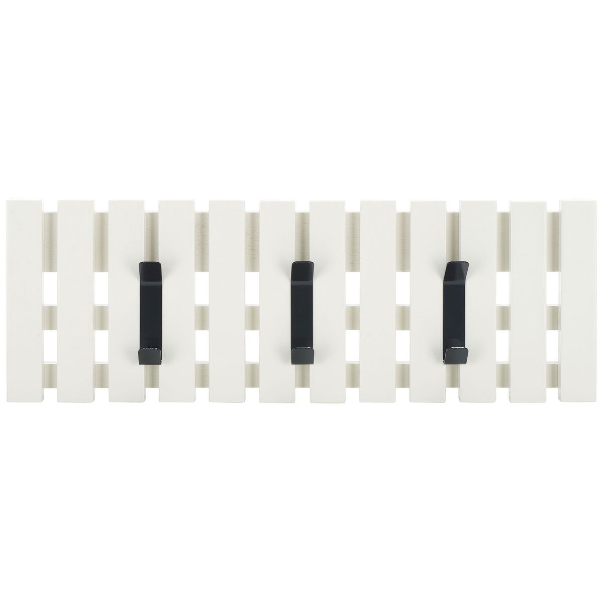 Three bold black hooks bring graphic contrast to a clean white slatted wood rack. || STG5704C || front_studio