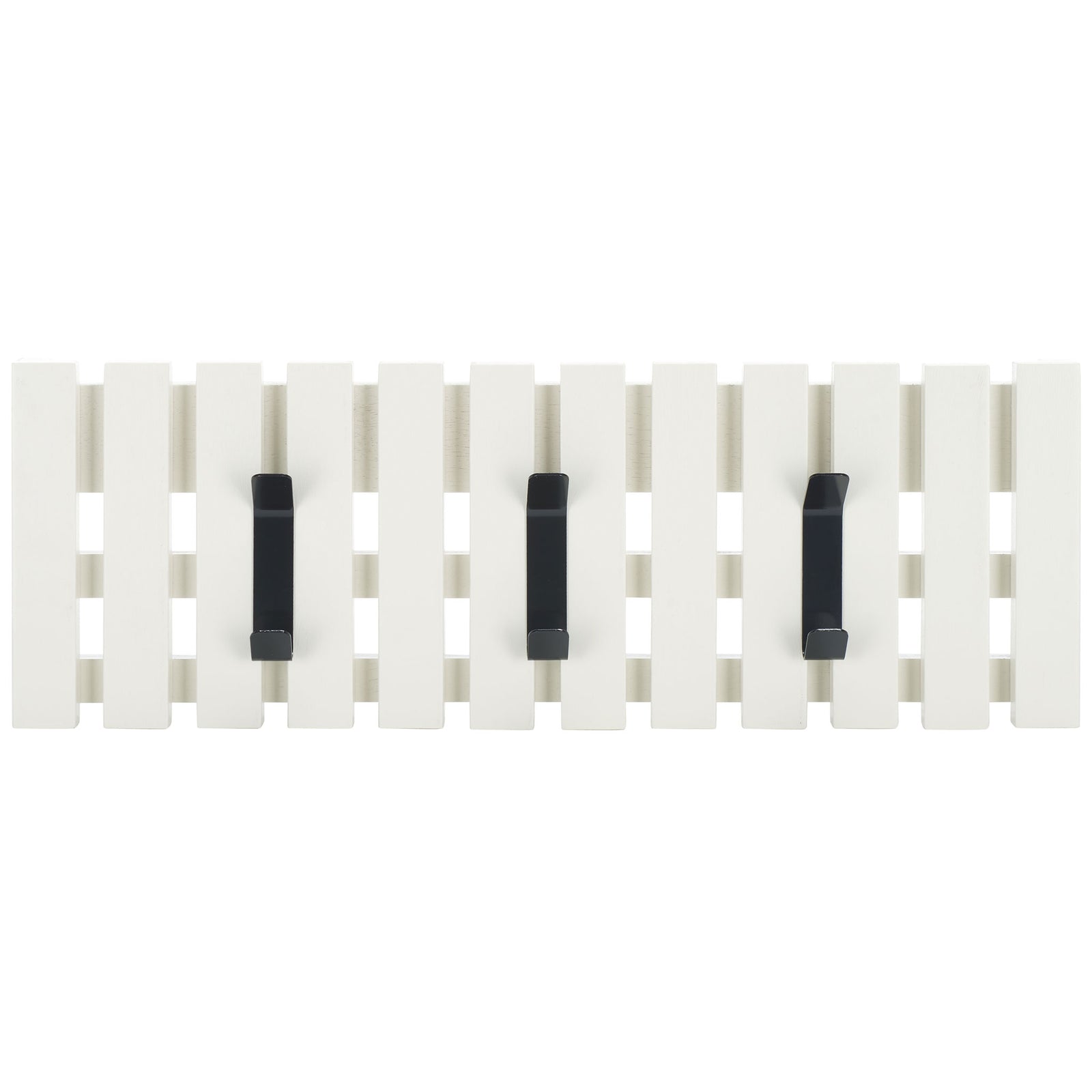 Three bold black hooks bring graphic contrast to a clean white slatted wood rack. || STG5704C || front_studio