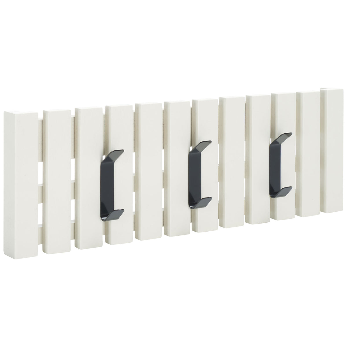 Bright white slats and three projecting black hooks offer crisp style and useful wall storage. || STG5704C || front_angle_studio