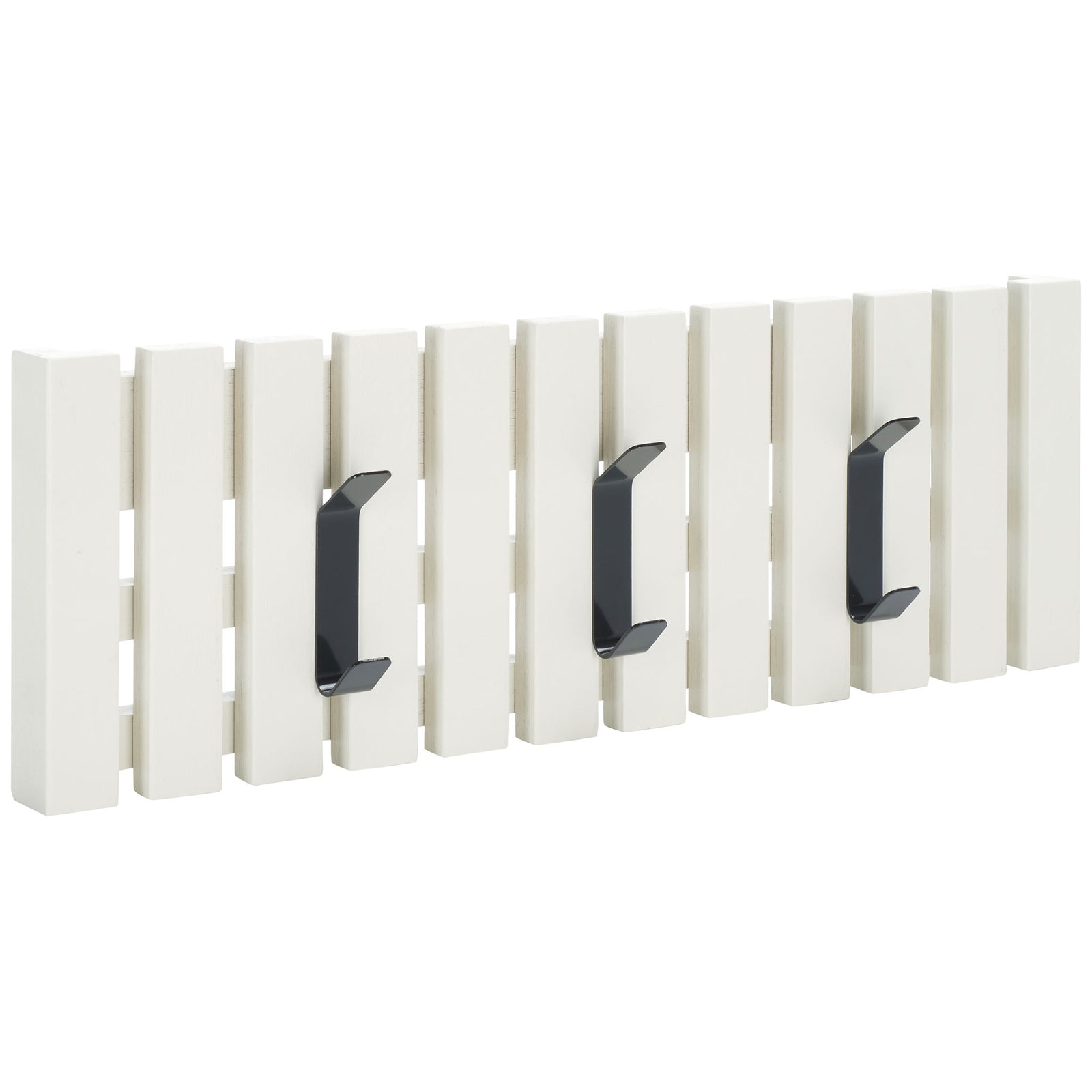 Bright white slats and three projecting black hooks offer crisp style and useful wall storage. || STG5704C || front_angle_studio