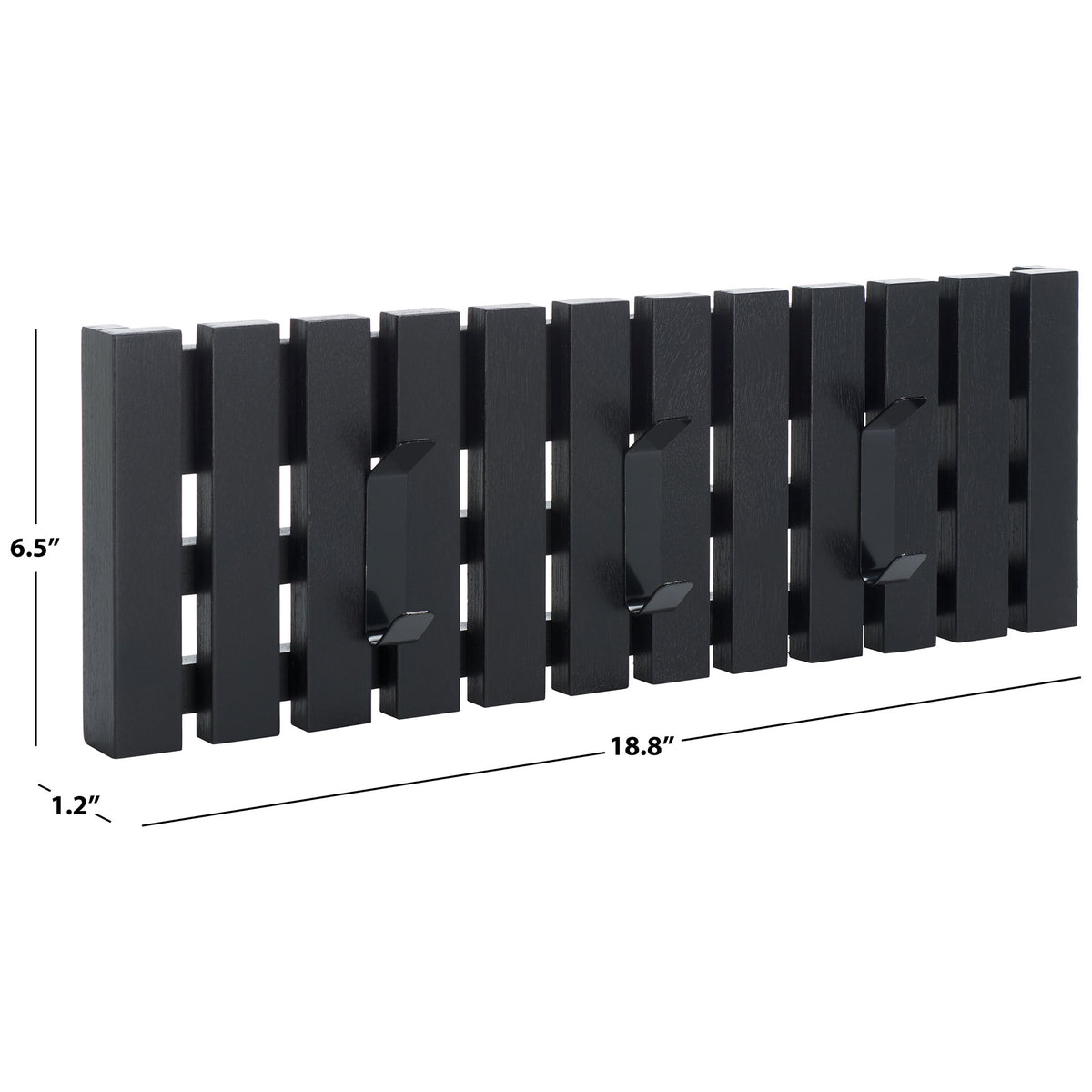 The slim black slatted rack spans 18.8 inches wide and 6.5 inches high, with a 1.2-inch depth. || STG5704E || dimension_studio