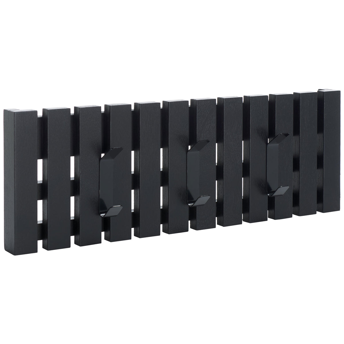 Slim black wood slats and three projecting double hooks make room for layers without taking up floor space. || STG5704E || front_angle_studio