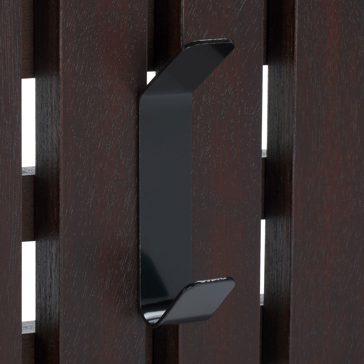 A black double hook contrasts with dark brown wood grain, offering two handy spots for daily essentials. || STG5704F || detail_studio