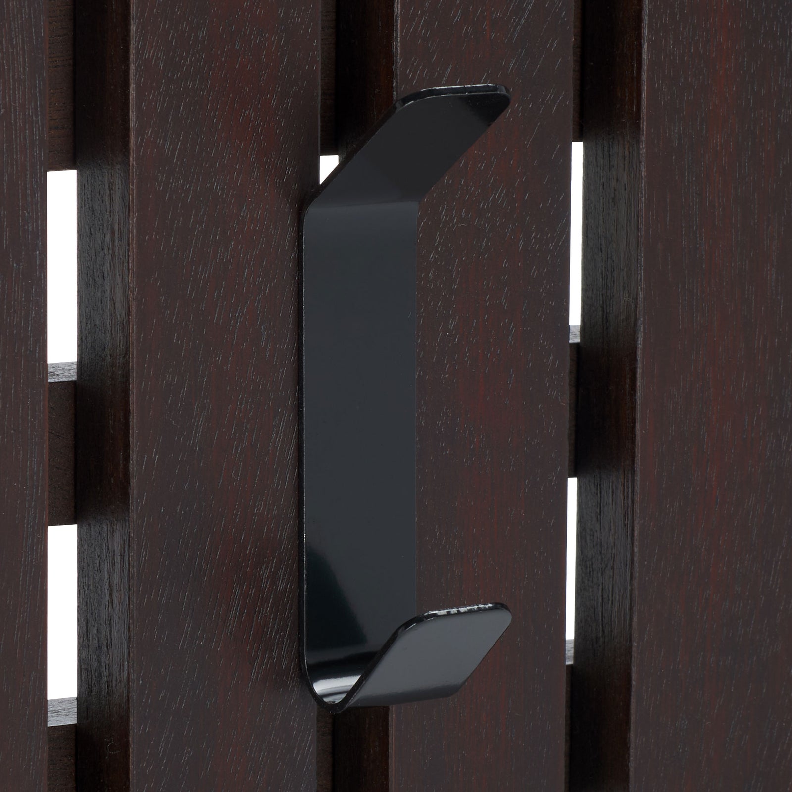 A black double hook contrasts with dark brown wood grain, offering two handy spots for daily essentials. || STG5704F || detail_studio