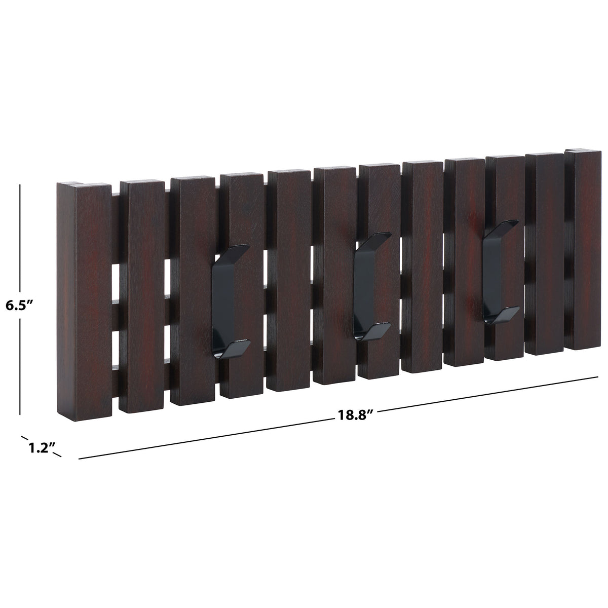 The dark brown slatted rack measures 18.8 inches wide, 6.5 inches high and 1.2 inches deep. || STG5704F || dimension_studio