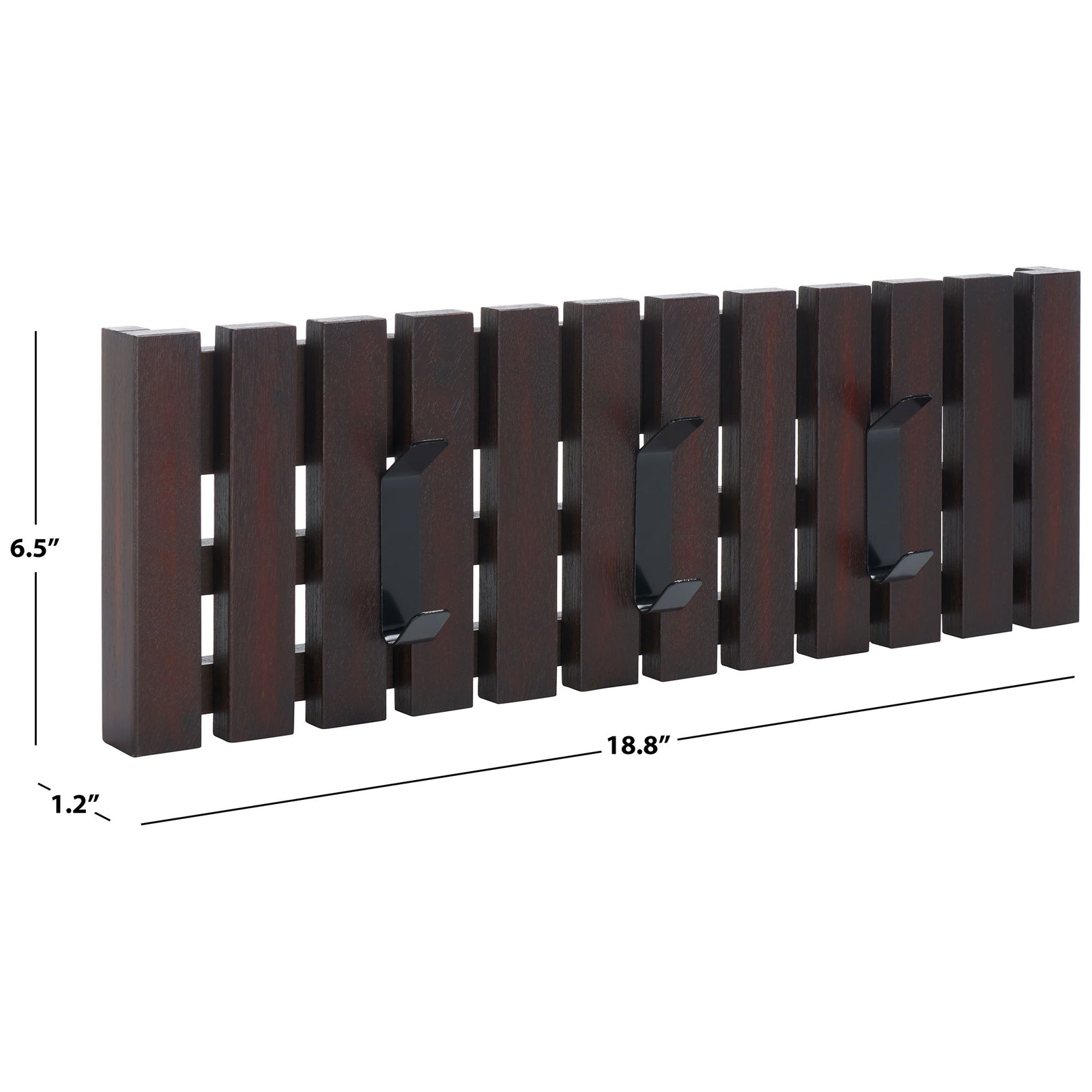 The dark brown slatted rack measures 18.8 inches wide, 6.5 inches high and 1.2 inches deep. || STG5704F || dimension_studio