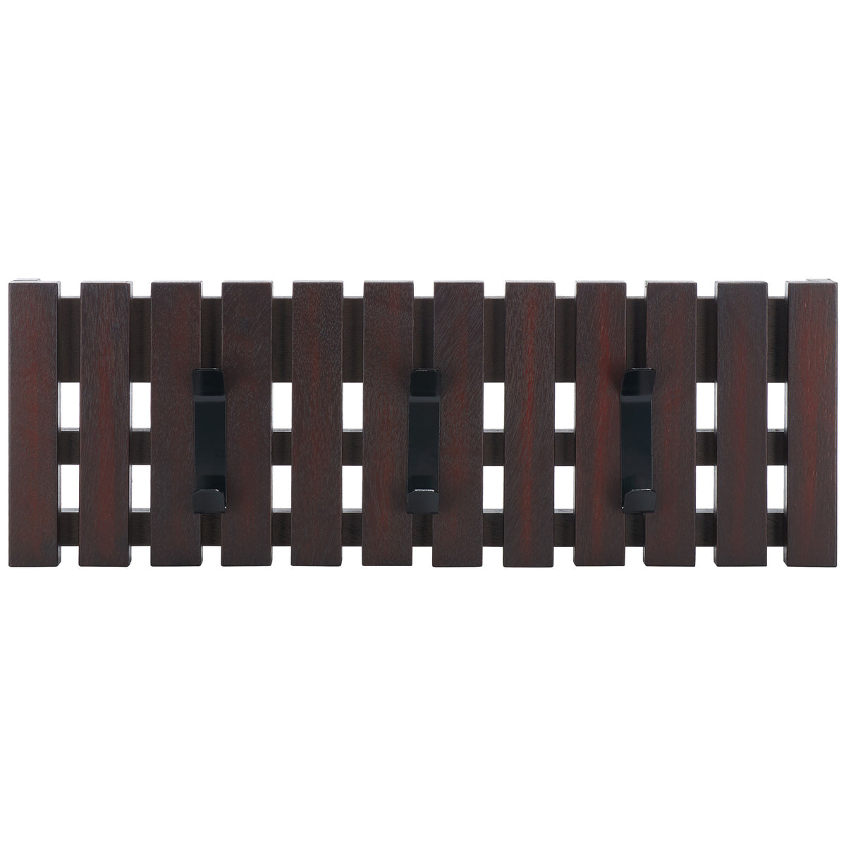 Three black dual-prong hooks punctuate a dark brown slatted wood rack for organized coats and bags. || STG5704F || front_studio