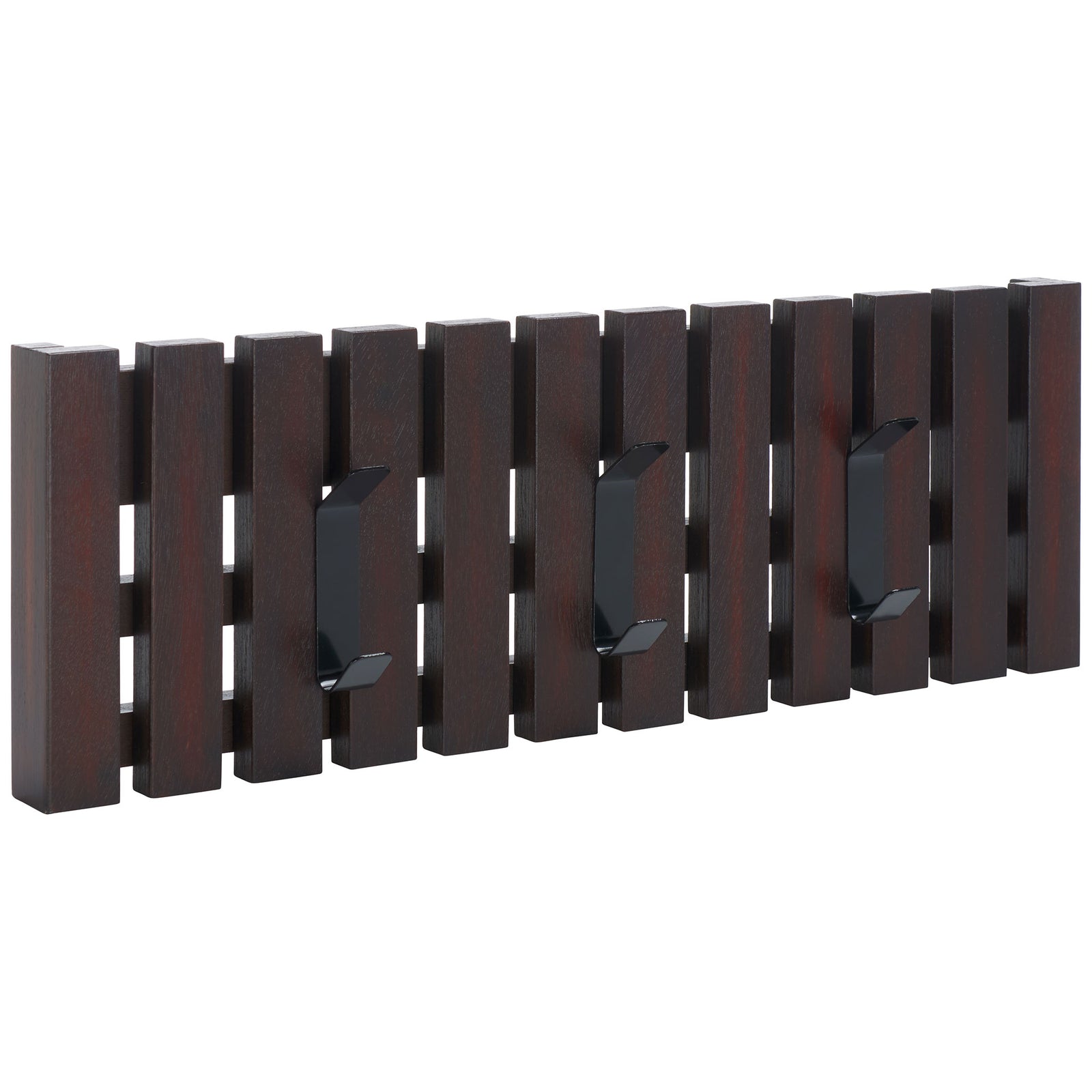 Rich dark brown wood slats and forward-reaching black hooks offer neat, easy-access wall storage. || STG5704F || front_angle_studio