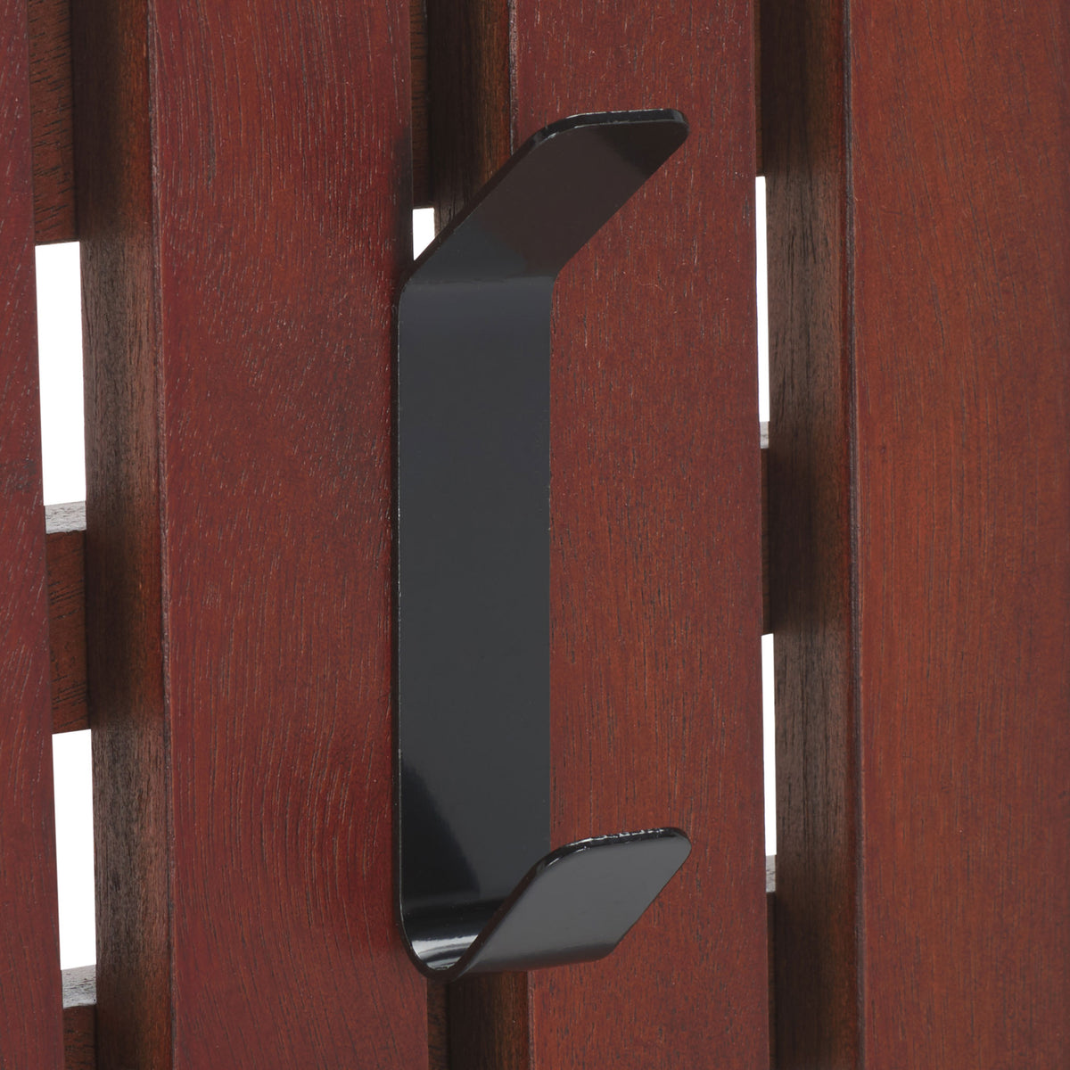 A black two-tier hook pairs with cherry-red wood slats for a striking place to hang coats and bags. || STG5704H || detail_studio