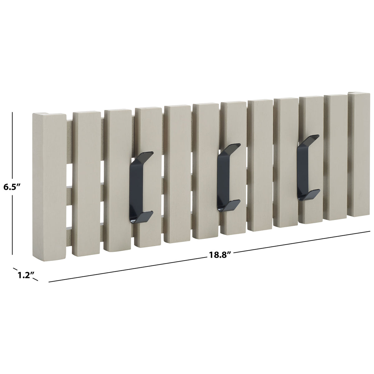 An 18.8-inch-wide vintage gray slatted rack offers three hooks in a slim 6.5-inch-high, 1.2-inch-deep design. || STG5704J || dimension_studio