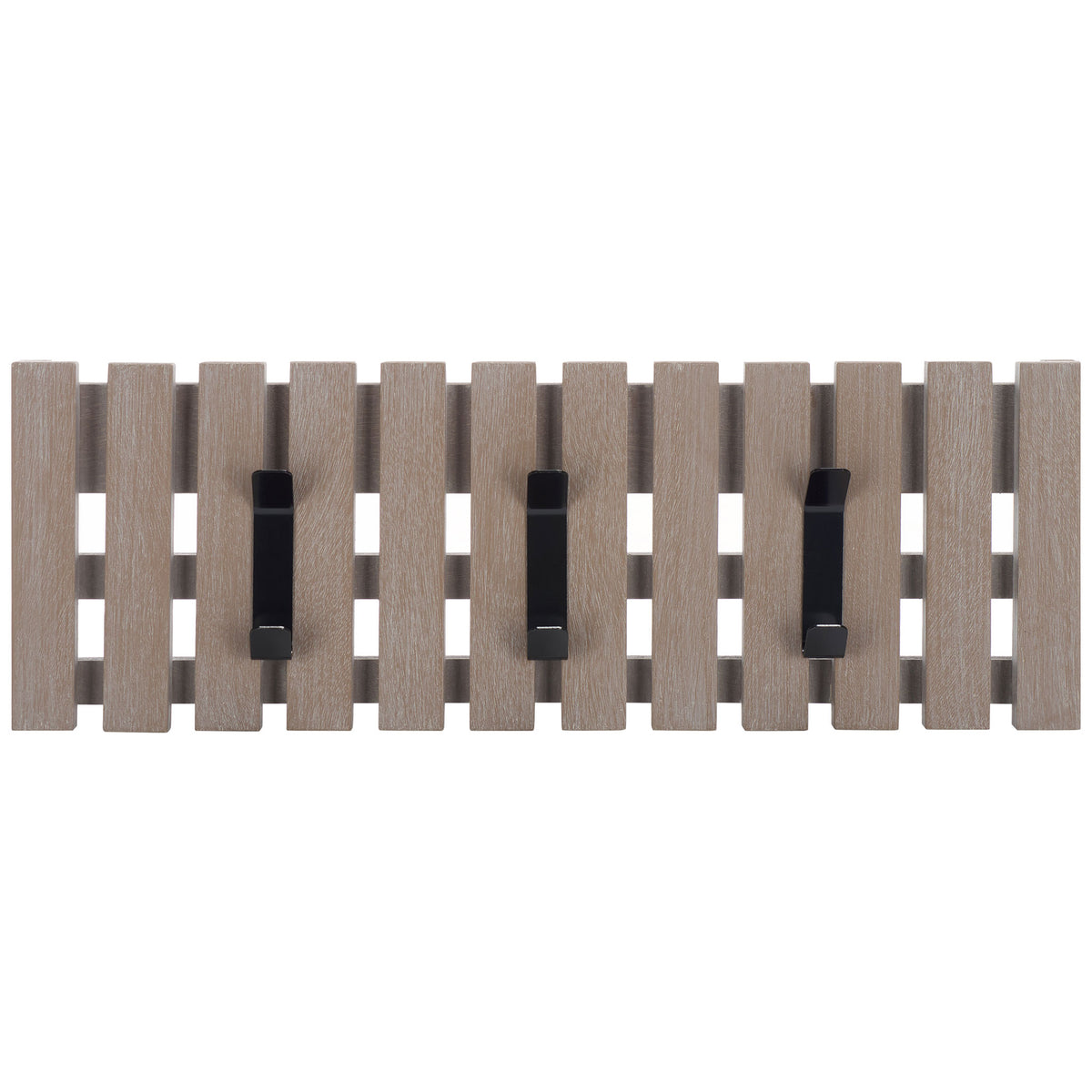 Three black double hooks line a whitewashed wood slat rack for simple, everyday organization. || STG5704K || front_studio