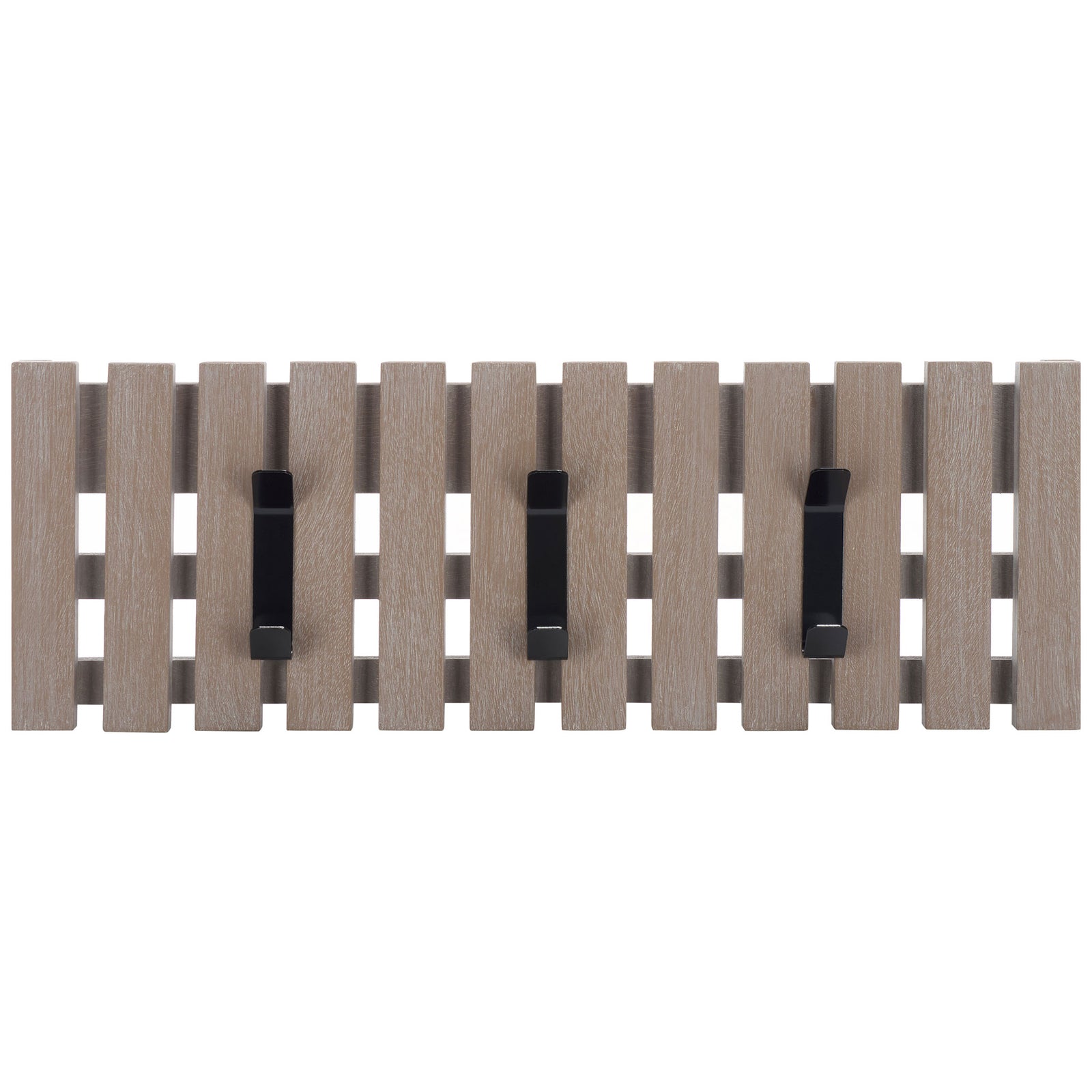 Three black double hooks line a whitewashed wood slat rack for simple, everyday organization. || STG5704K || front_studio