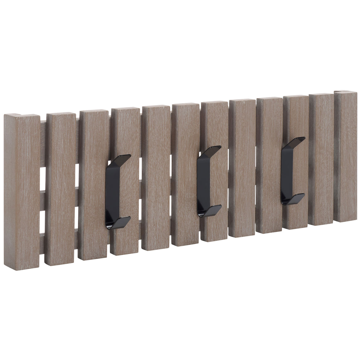Whitewashed wood grain and three black hooks balance rustic texture with practical hanging space. || STG5704K || front_angle_studio