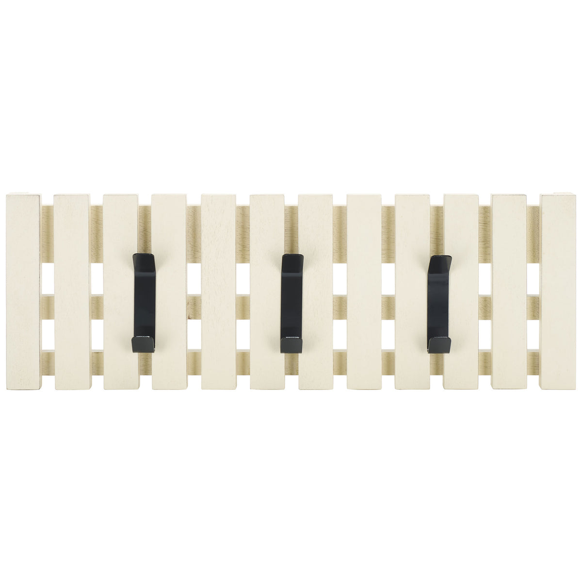 Three black metal hooks stand out against distressed white wooden slats for easy-to-reach wall storage. || STG5704L || front_studio