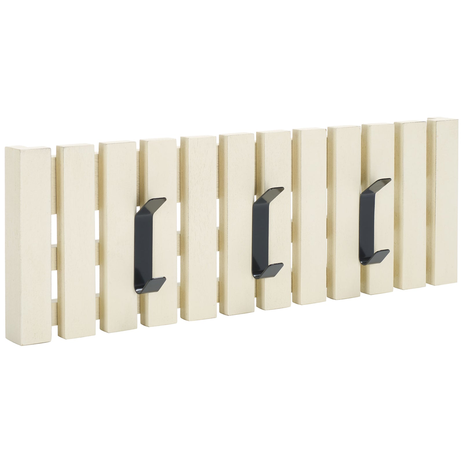 Distressed white slats lend character to a slim wall rack with three projecting black double hooks. || STG5704L || front_angle_studio