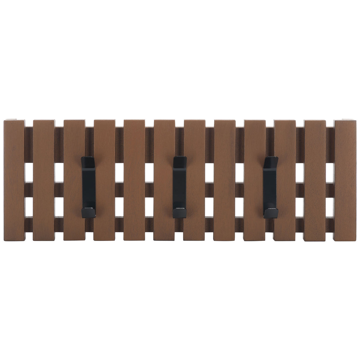 Three black metal double hooks line a medium brown slatted wood panel for tidy wall storage. || STG5704M || front_studio