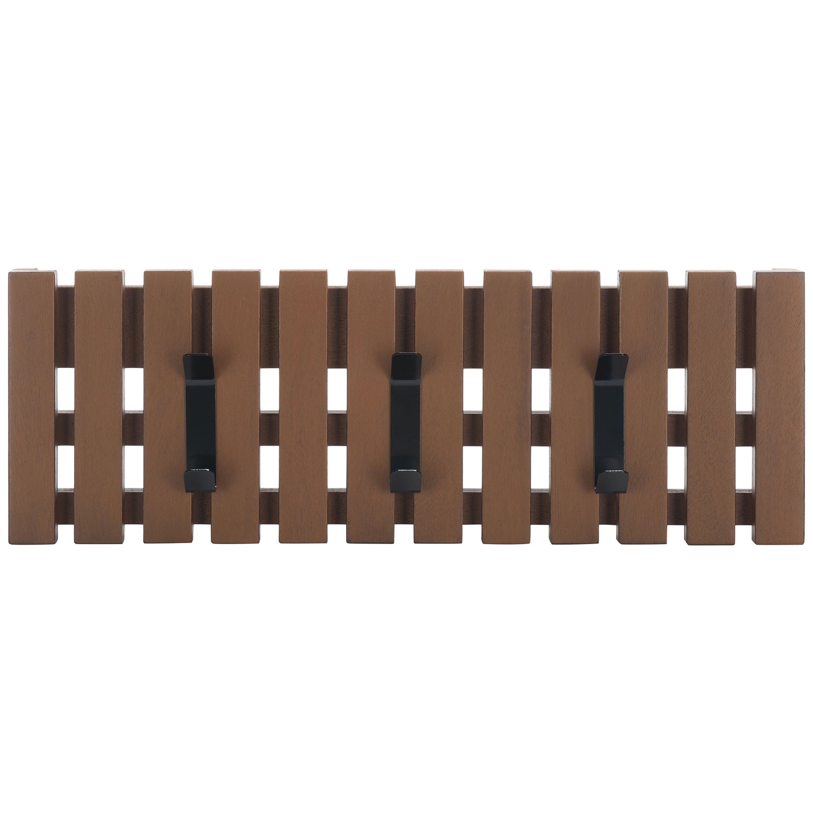 Three black metal double hooks line a medium brown slatted wood panel for tidy wall storage. || STG5704M || front_studio
