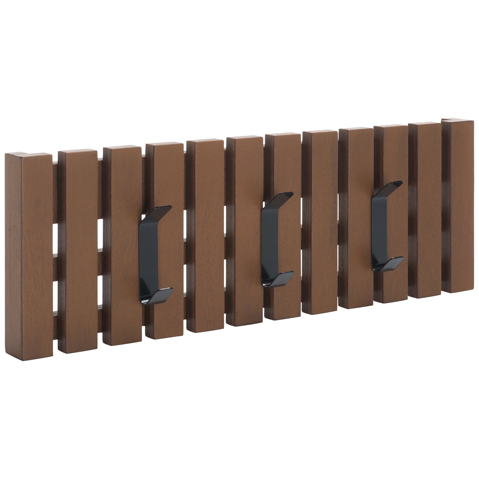 Warm brown wood grain and three projecting black hooks make space for coats, bags and hats. || STG5704M || front_angle_studio