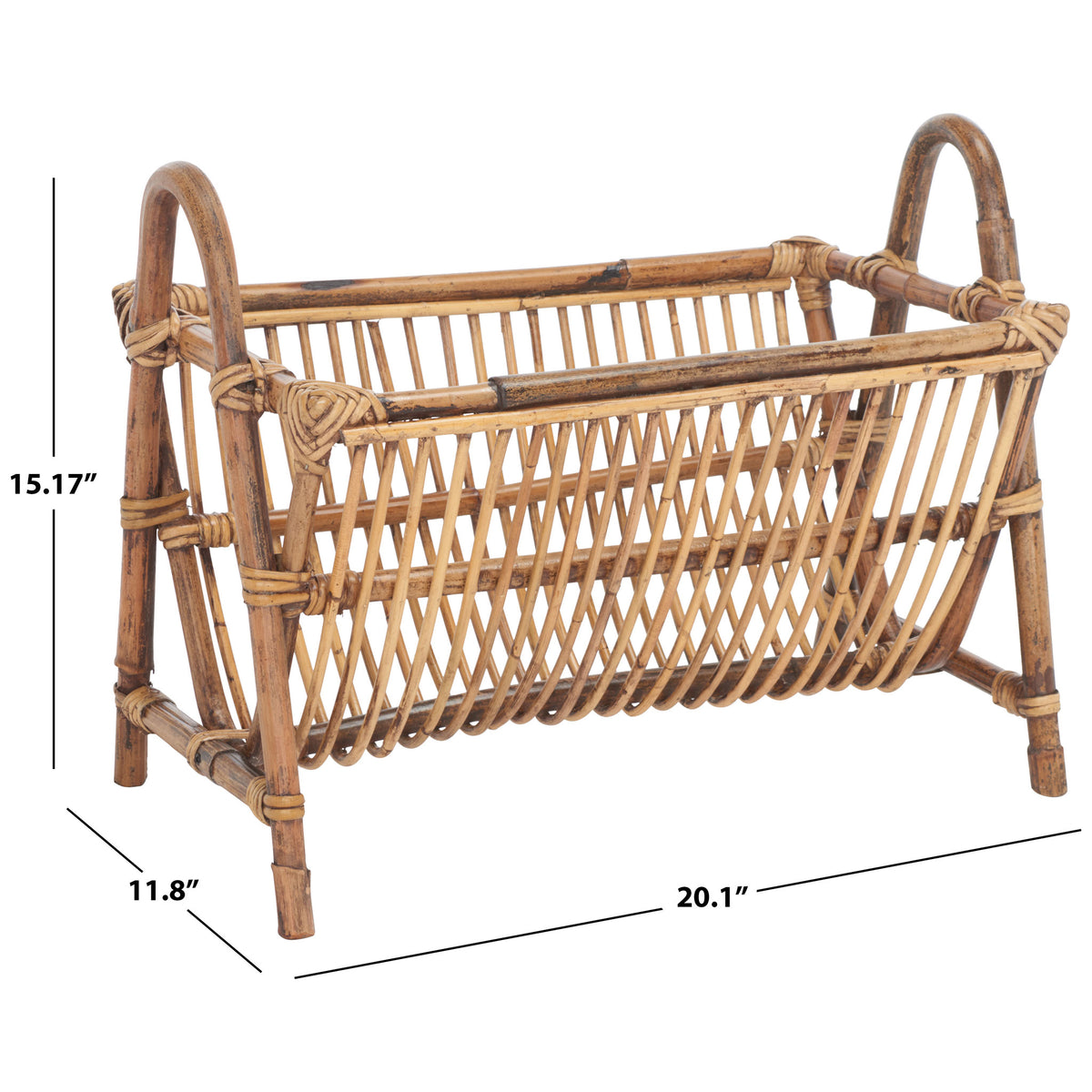 An airy rattan newspaper rack spans 20.1 inches with arched handles and an open slatted cradle || STG6500A || dimension_studio