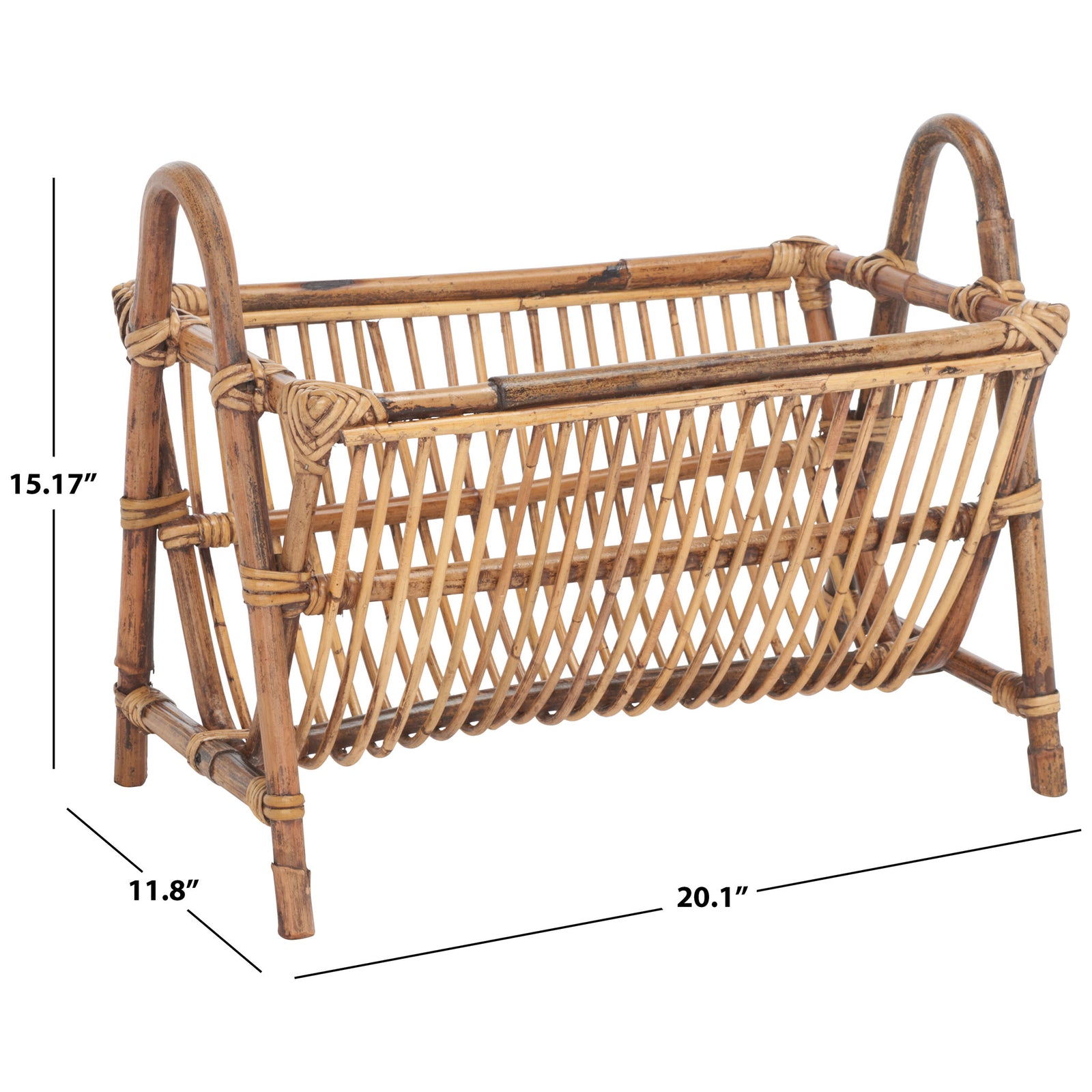 An airy rattan newspaper rack spans 20.1 inches with arched handles and an open slatted cradle || STG6500A || dimension_studio