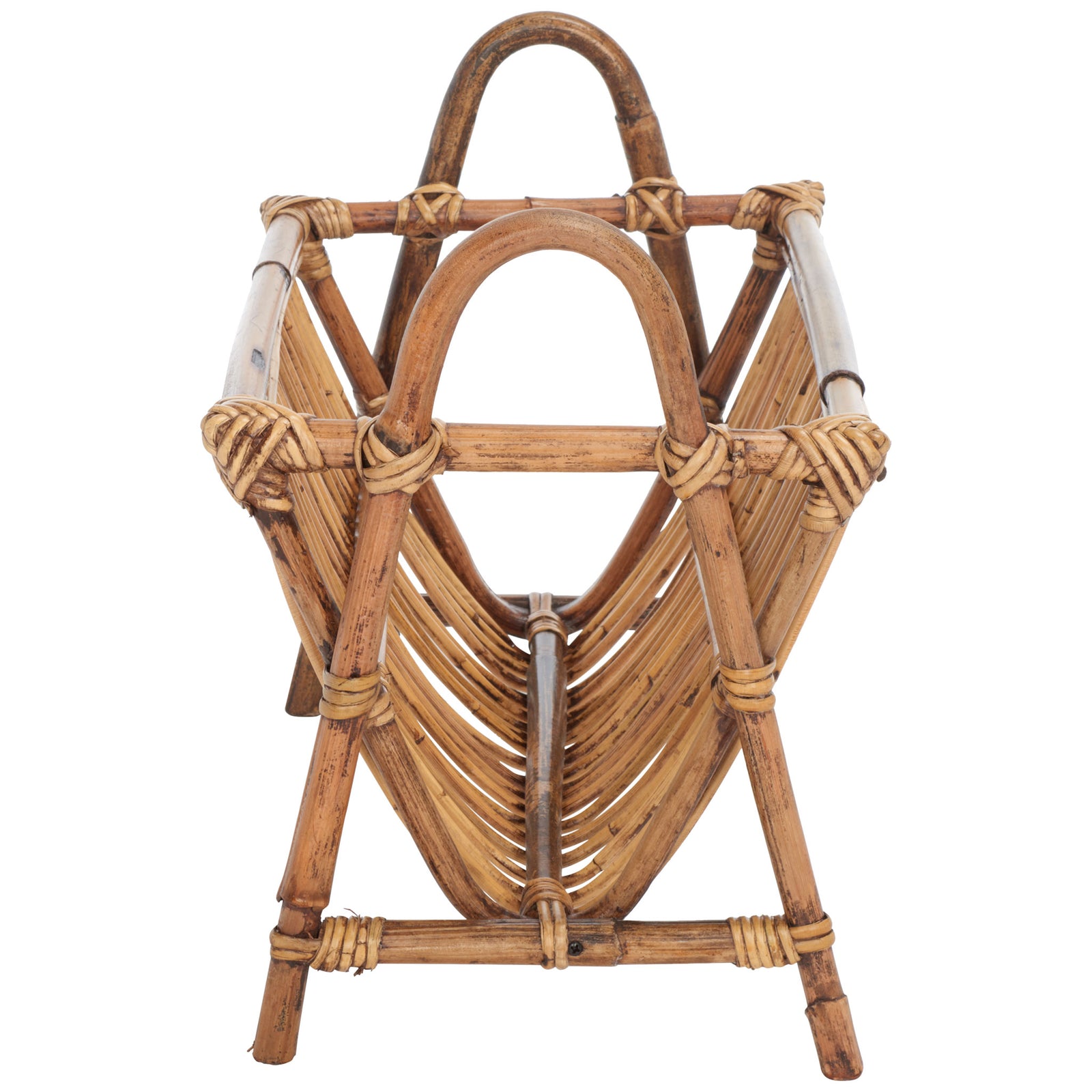 Curved rattan slats create a deep cradle beneath two arched carrying handles || STG6500A || side_studio