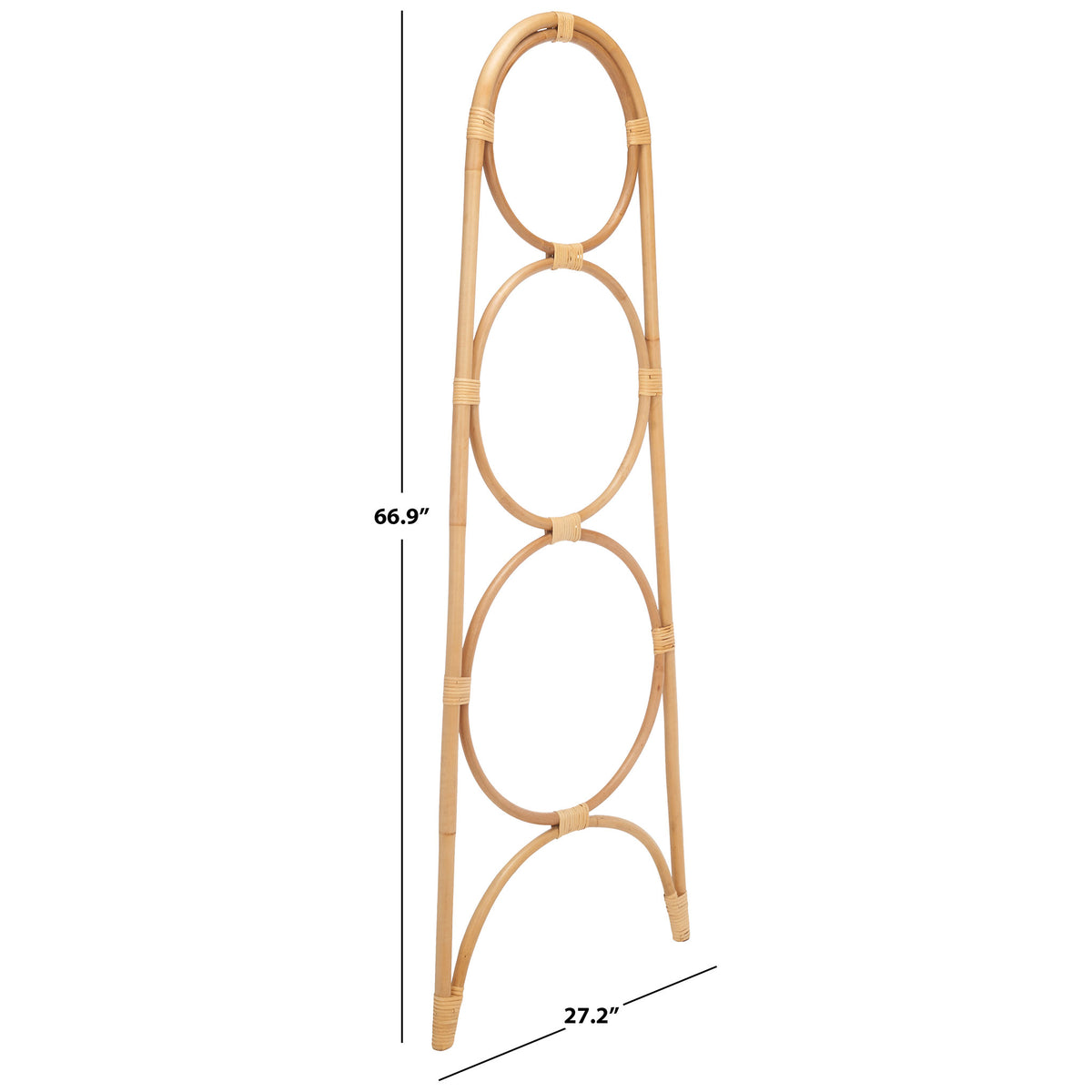 Natural rattan towel stand measures 66.9 inches tall and 27.2 inches across its base. || STG6501A || dimension_studio