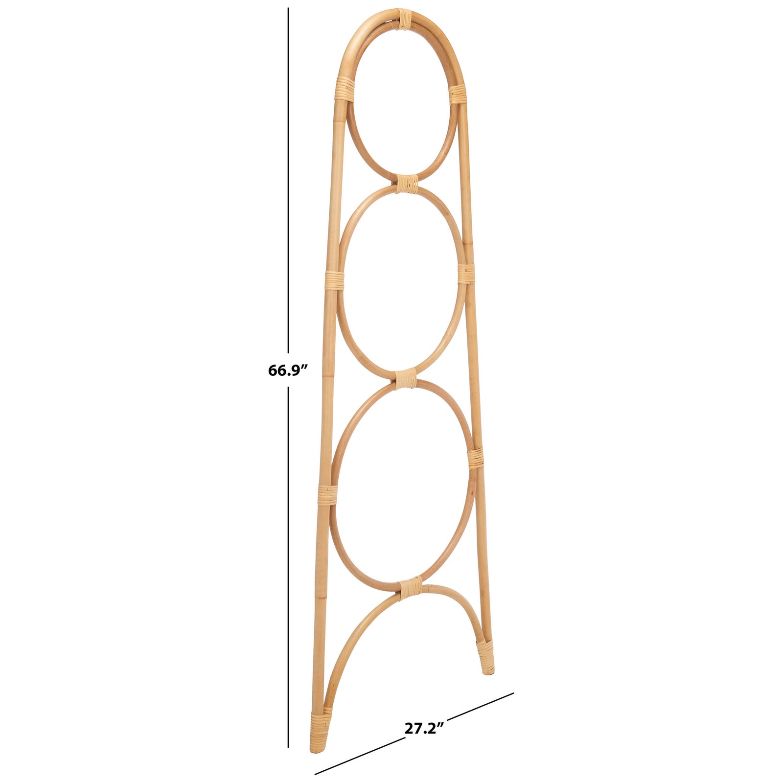 Natural rattan towel stand measures 66.9 inches tall and 27.2 inches across its base. || STG6501A || dimension_studio