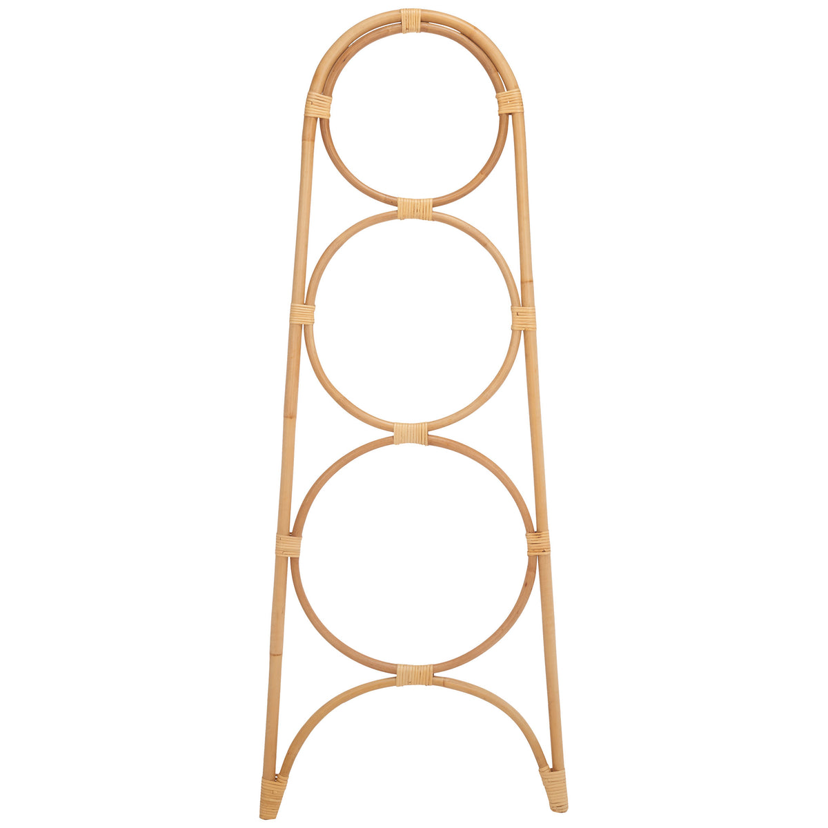 Natural rattan towel hanger offers three stacked circular rails over an open arch. || STG6501A || front_studio