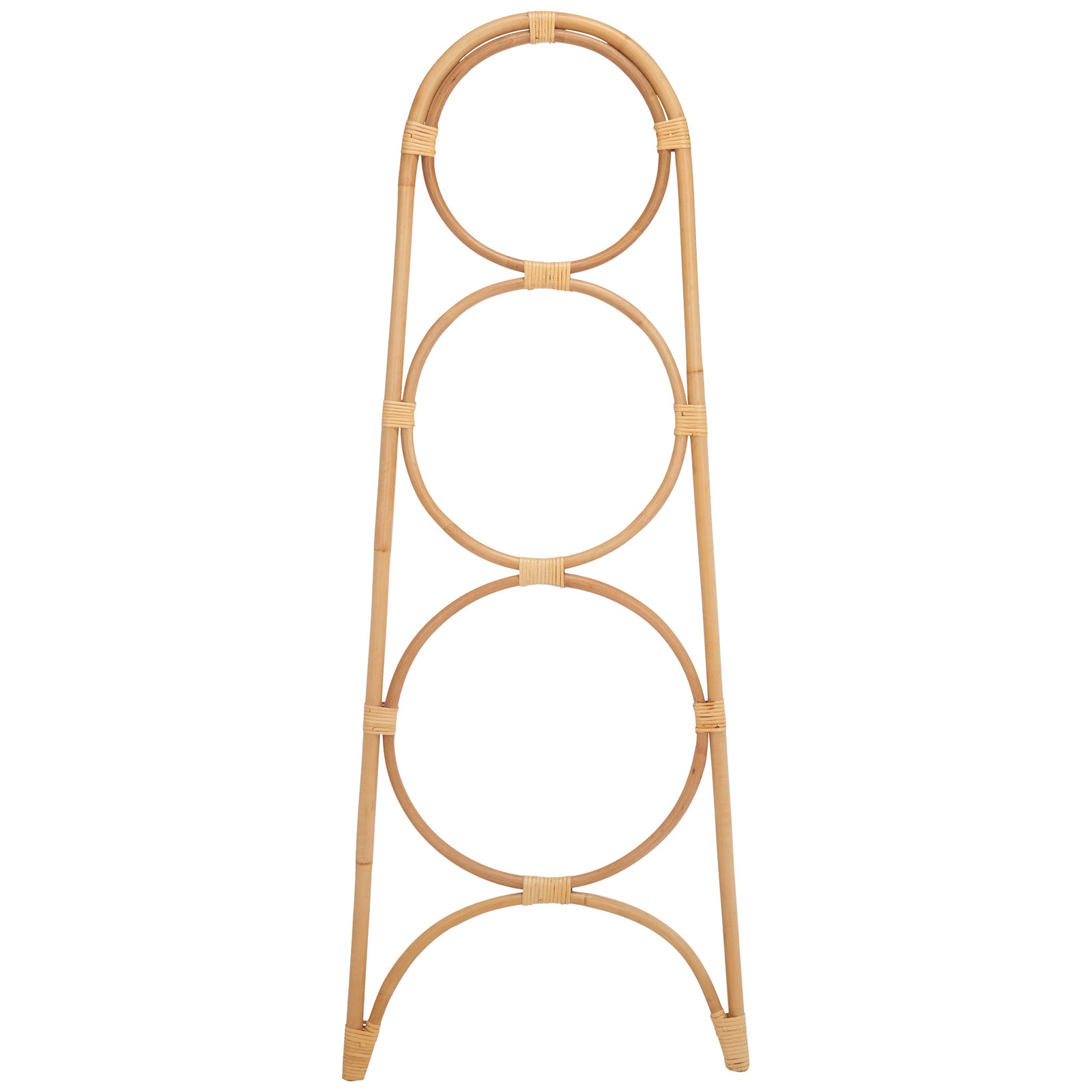 Natural rattan towel hanger offers three stacked circular rails over an open arch. || STG6501A || front_studio