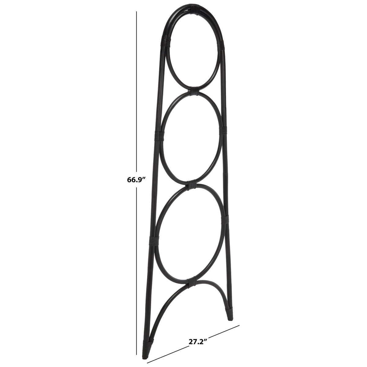 Black rattan towel stand rises 66.9 inches with a 27.2-inch span at the base.