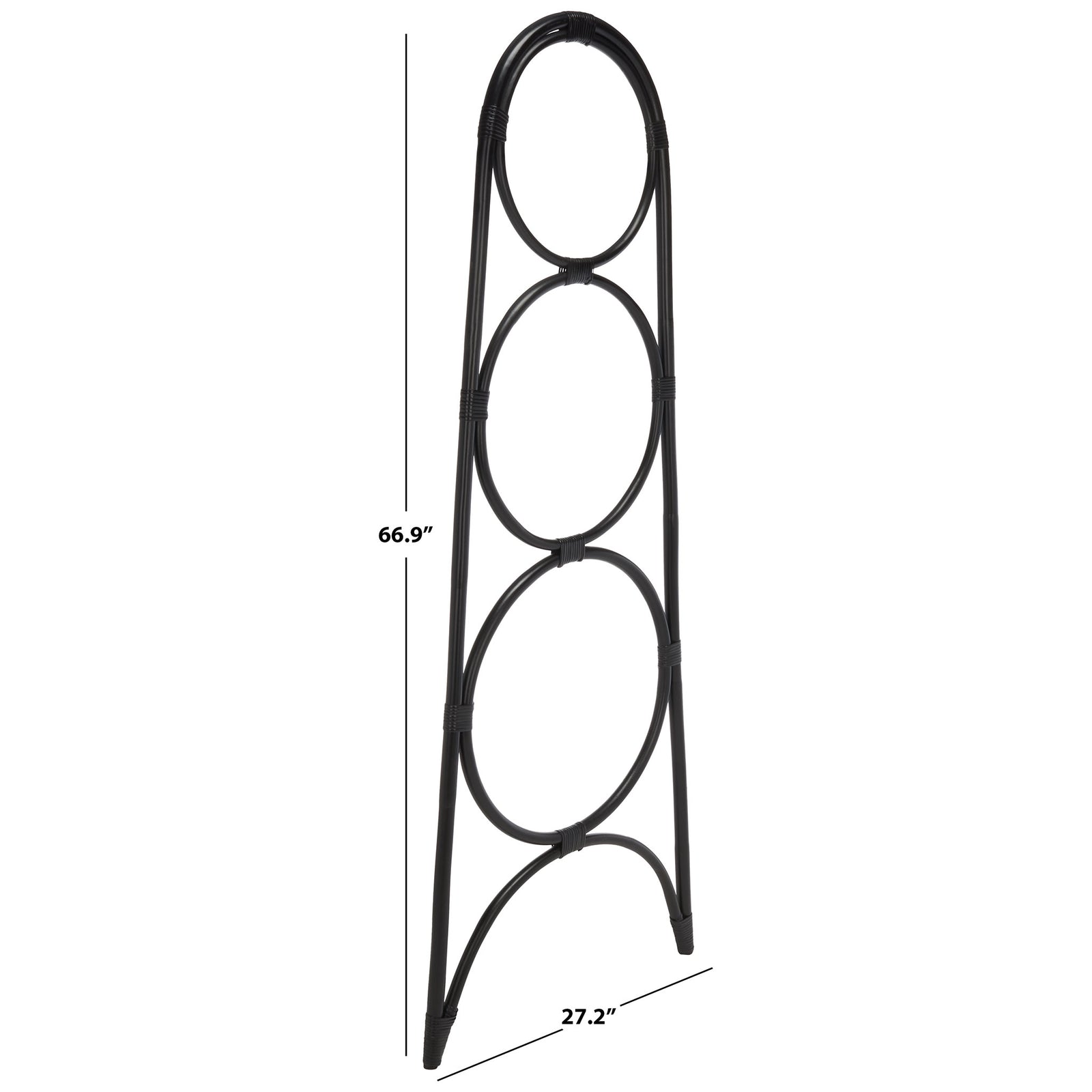 Black rattan towel stand rises 66.9 inches with a 27.2-inch span at the base. || STG6501B || dimension_studio