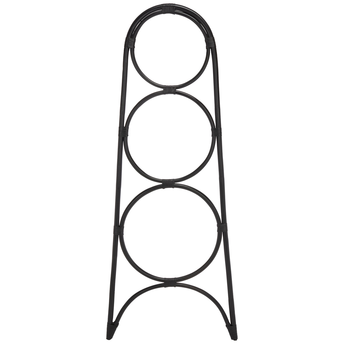 Black rattan towel hanger pairs three stacked round rails with an open arched base. || STG6501B || front_studio