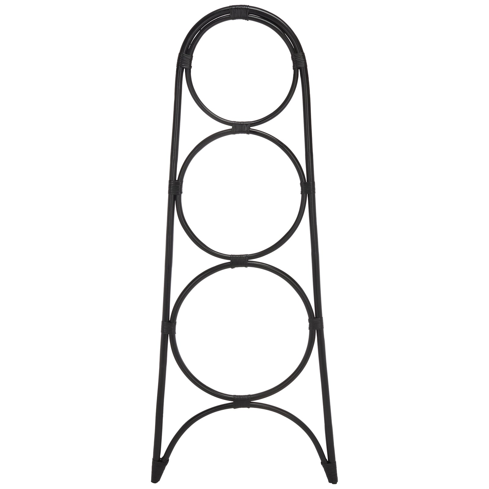 Black rattan towel hanger pairs three stacked round rails with an open arched base. || STG6501B || front_studio