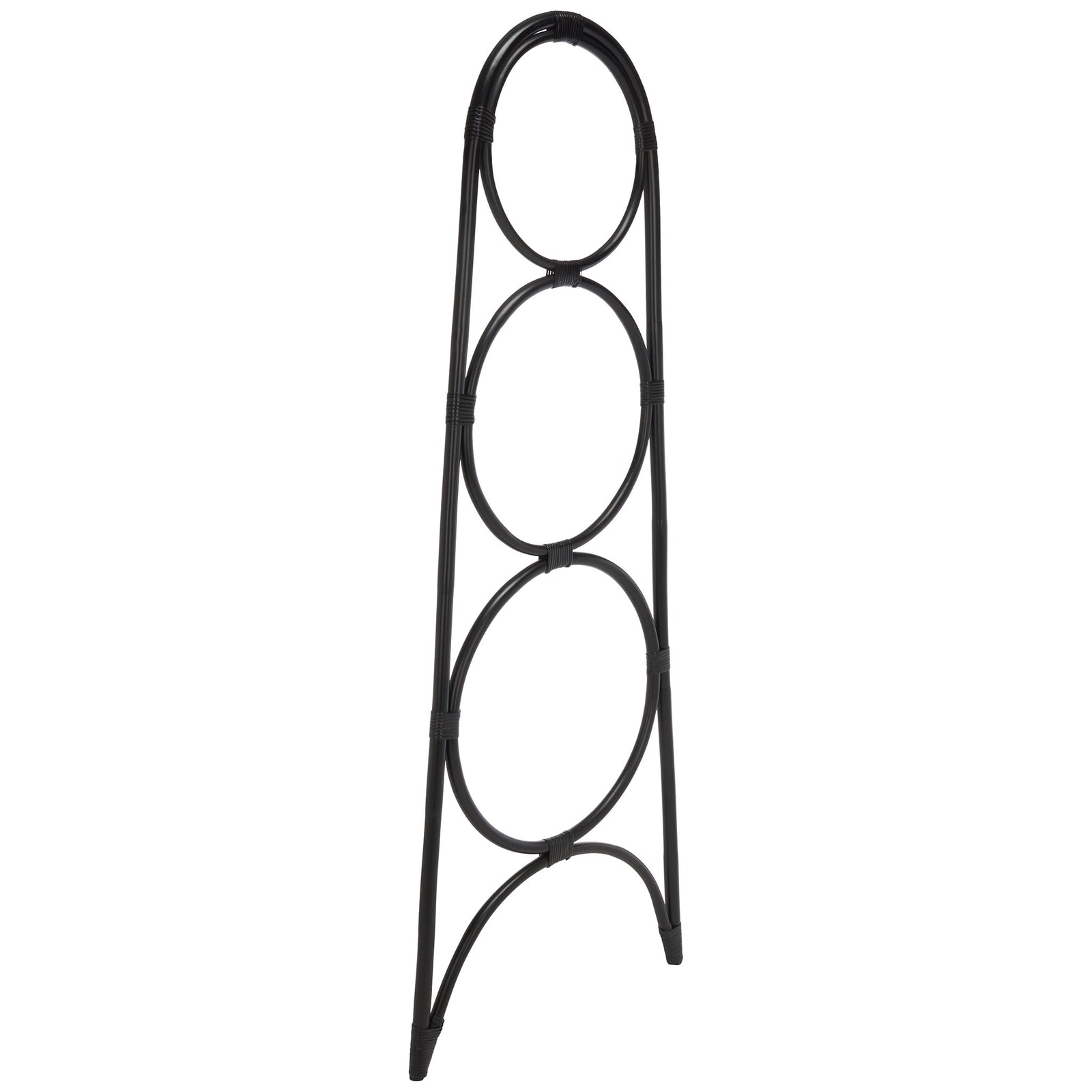 Slim black rattan towel rack features a row of open rings and a curved base brace. || STG6501B || side_studio