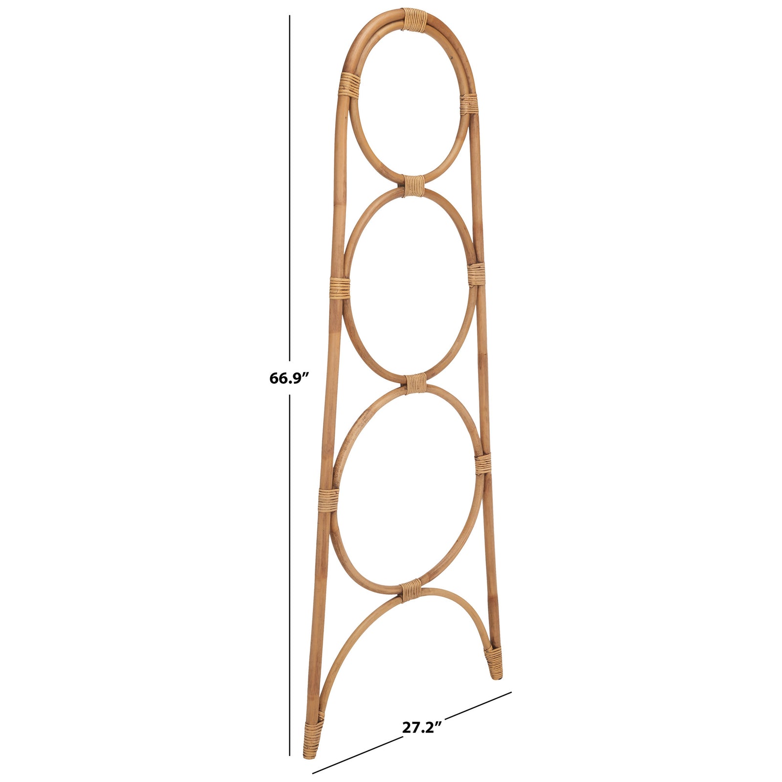 Honey-brown rattan towel hanger stands 66.9 inches high and spans 27.2 inches at its base. || STG6501C || dimension_studio