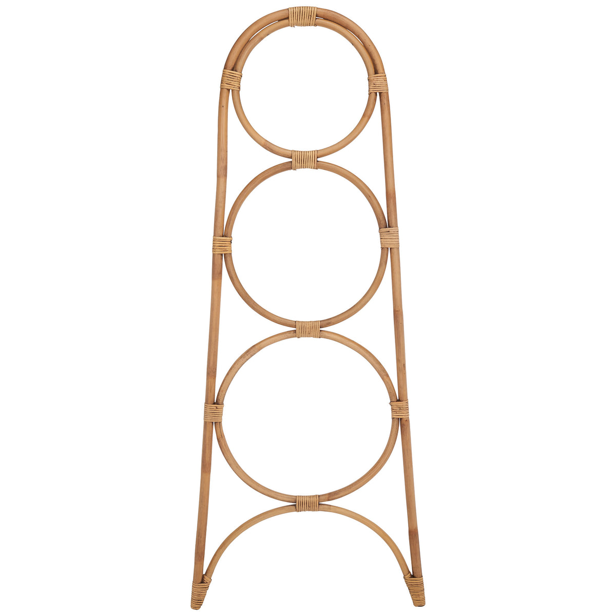 Honey-brown rattan towel rack stacks three round hanging rails above a wide open arch. || STG6501C || front_studio