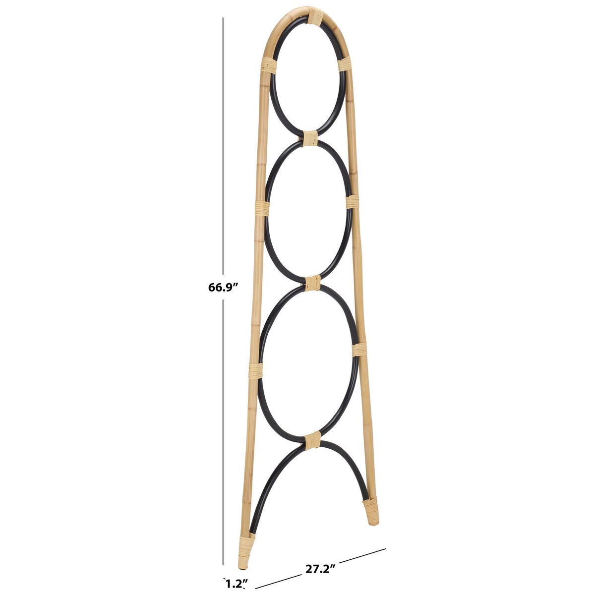 Two-tone rattan towel rack measures 66.9 inches tall with a 27.2-inch base span. || STG6501D || dimension_studio