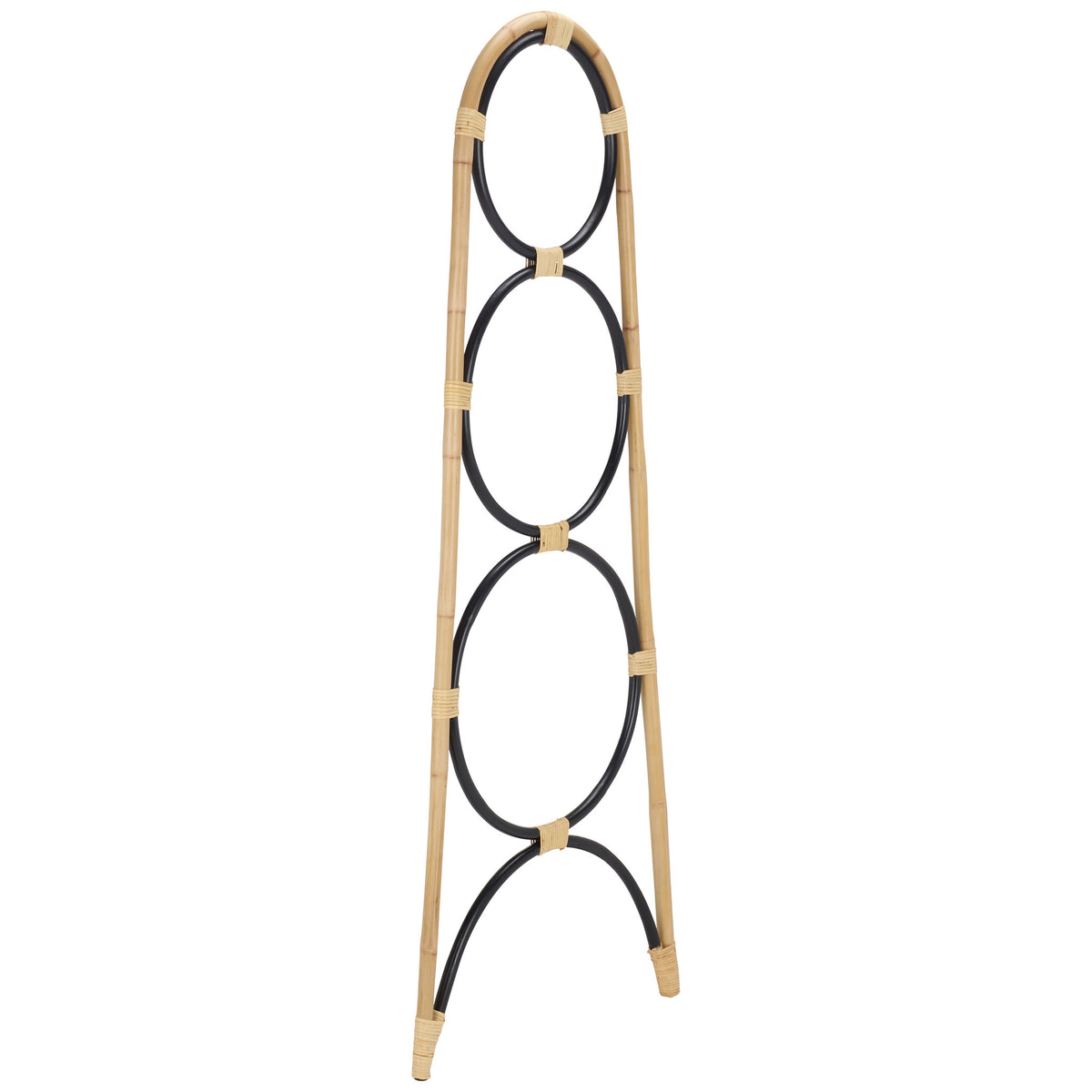 Light rattan uprights frame slim black loops and a curved lower support. || STG6501D || side_studio