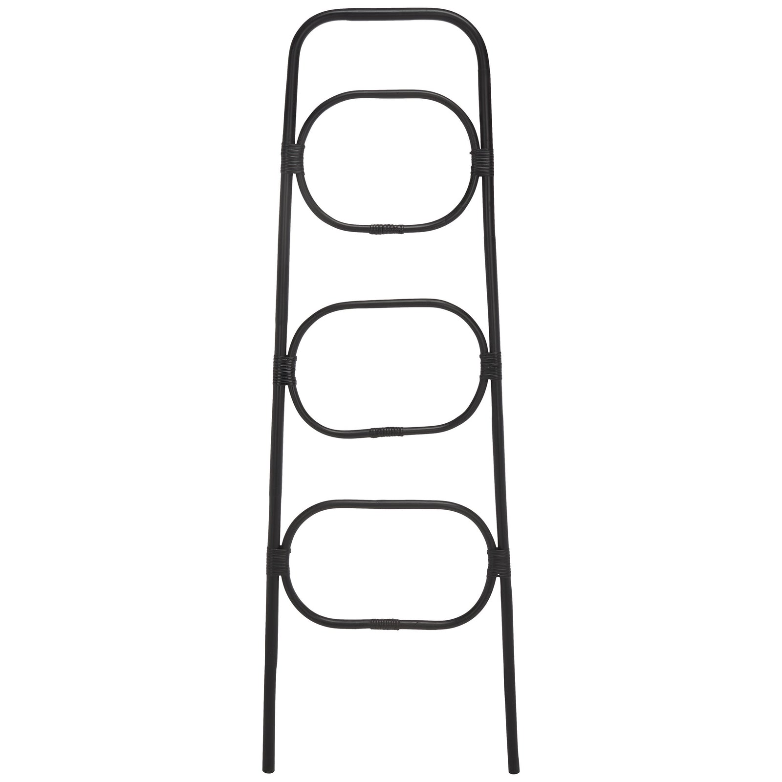 Three oval hanging tiers give this black rattan towel hanger an airy, sculptural silhouette || STG6502B || front_studio
