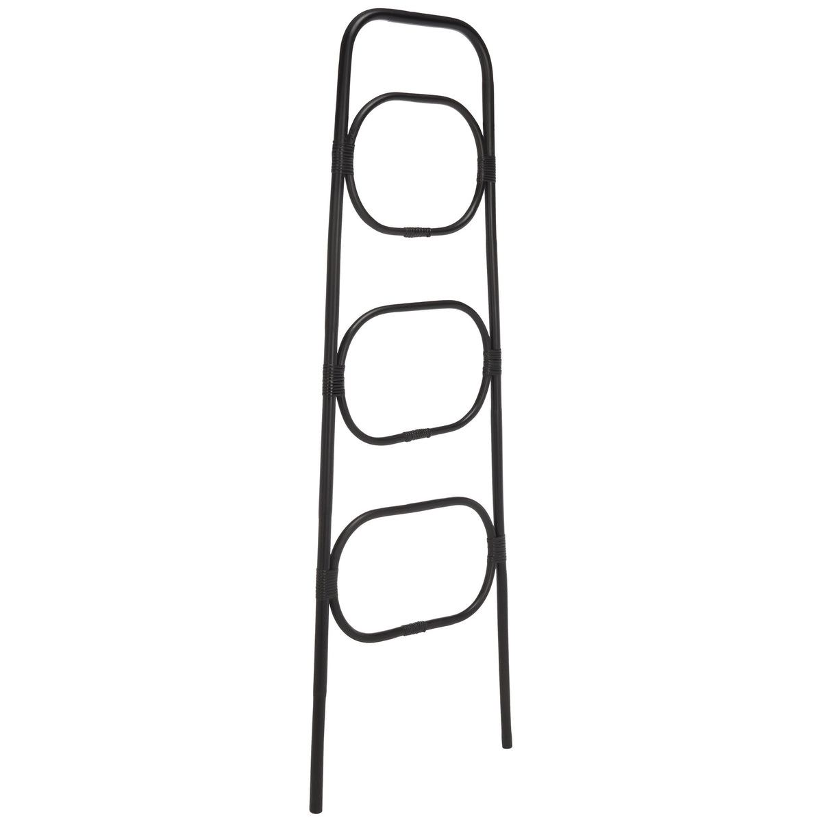 Tapered black rattan legs frame three rounded towel rails in a slim, elegant design || STG6502B || front_angle_studio