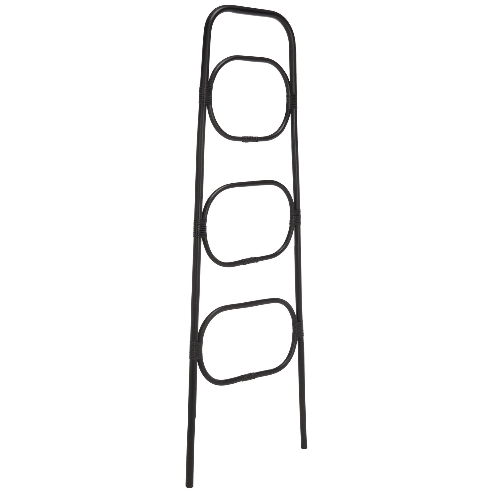 Tapered black rattan legs frame three rounded towel rails in a slim, elegant design || STG6502B || front_angle_studio