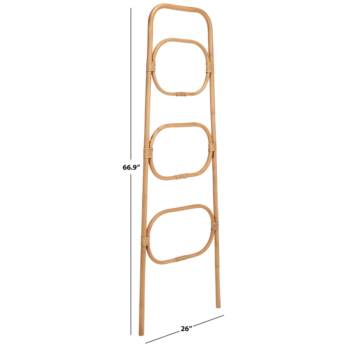 This honey brown rattan towel hanger measures 66.9 inches tall and 26 inches across
