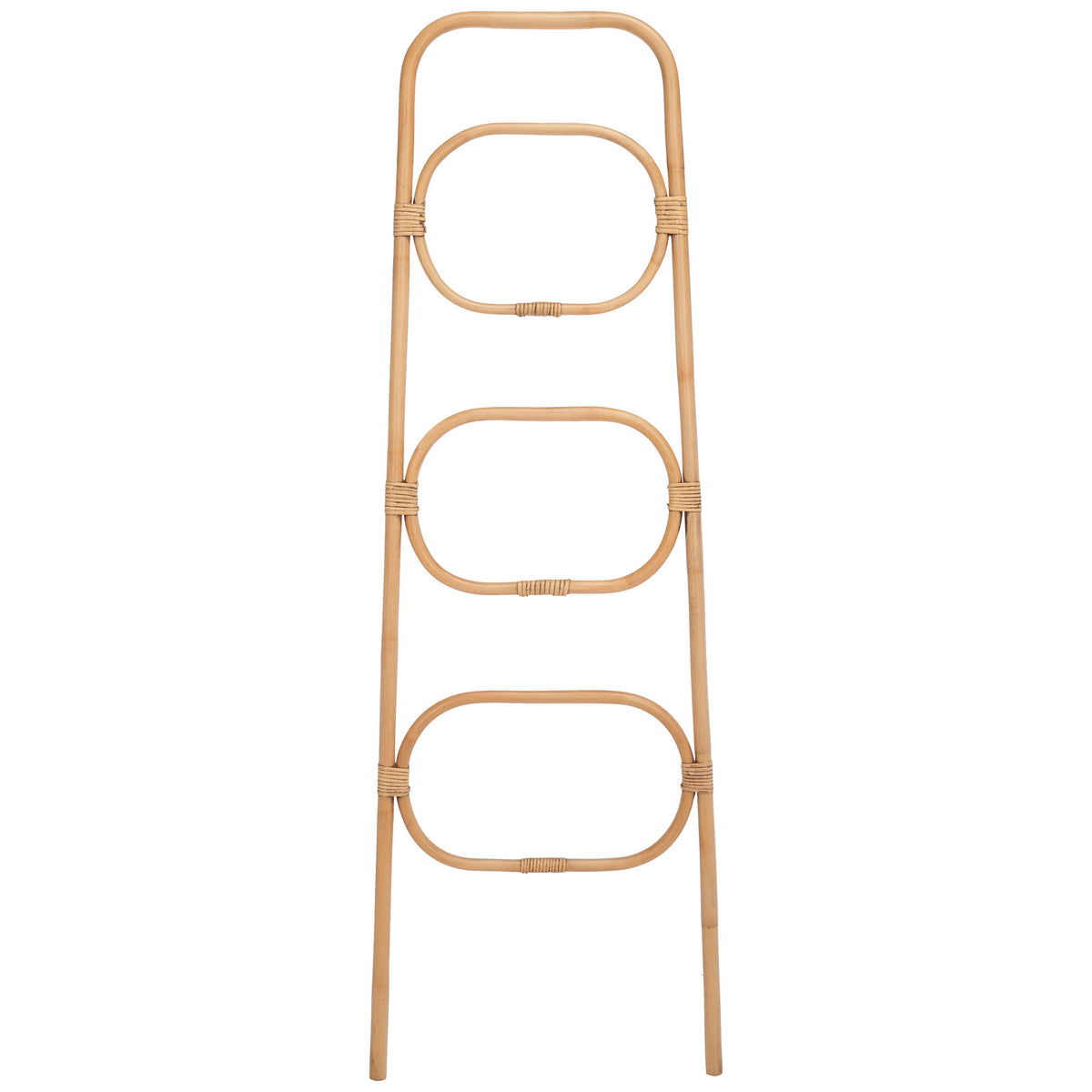 A honey brown rattan frame holds three oval towel rails for breezy, open storage || STG6502C || front_studio