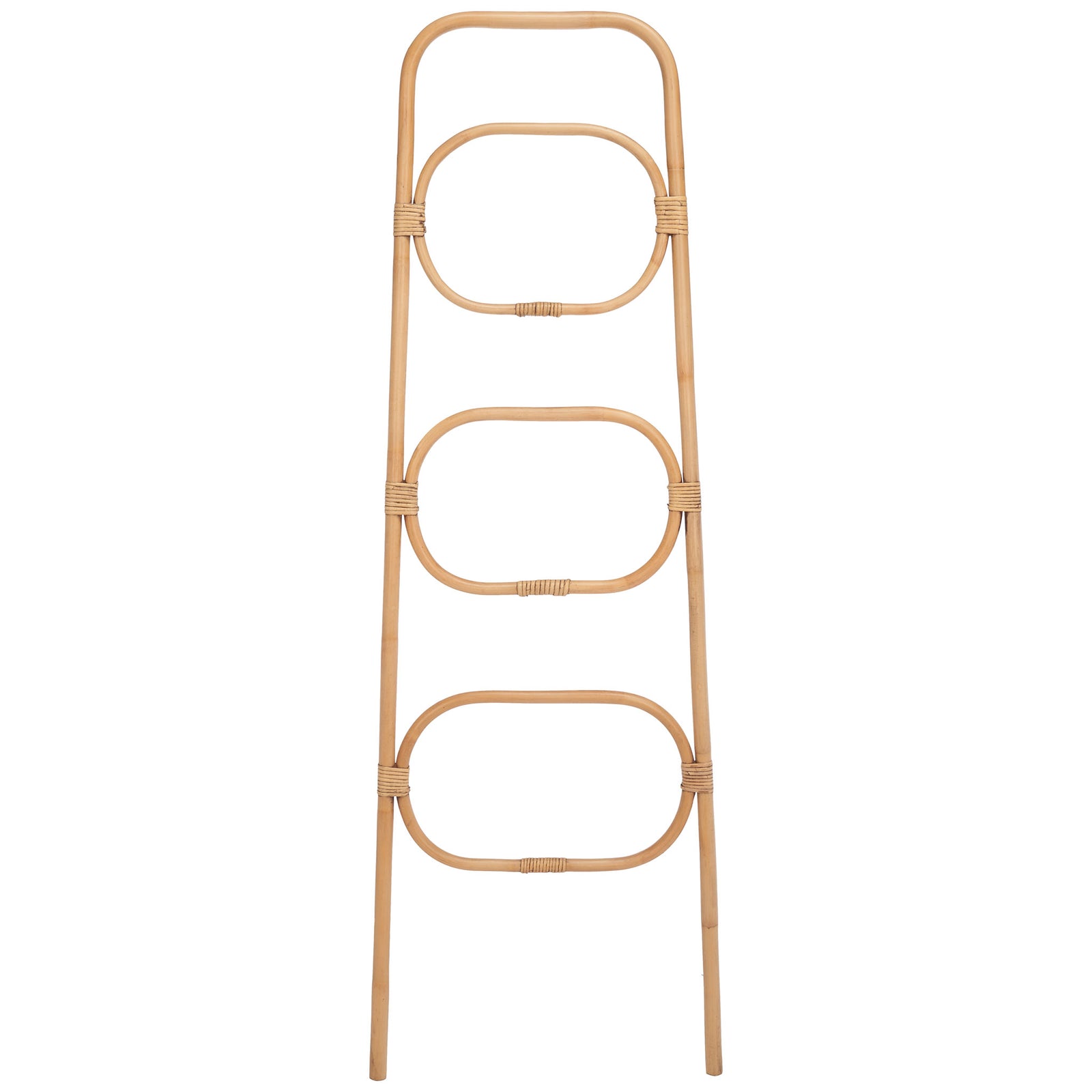 A honey brown rattan frame holds three oval towel rails for breezy, open storage || STG6502C || front_studio
