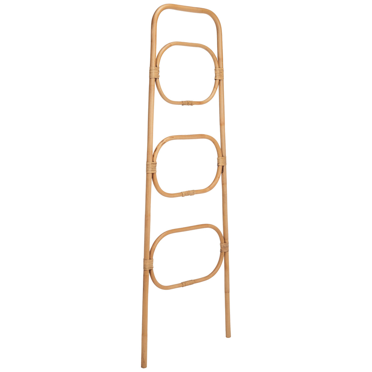 Honey brown rattan and rounded tiers create a warm, airy towel hanger with tapered legs || STG6502C || front_angle_studio