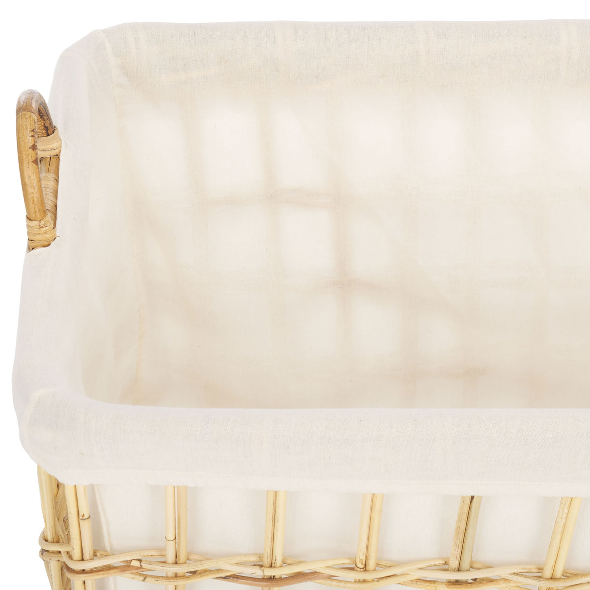 A soft white cotton liner drapes over the rim and covers the spacious basket interior || STG6503A || storage_studio